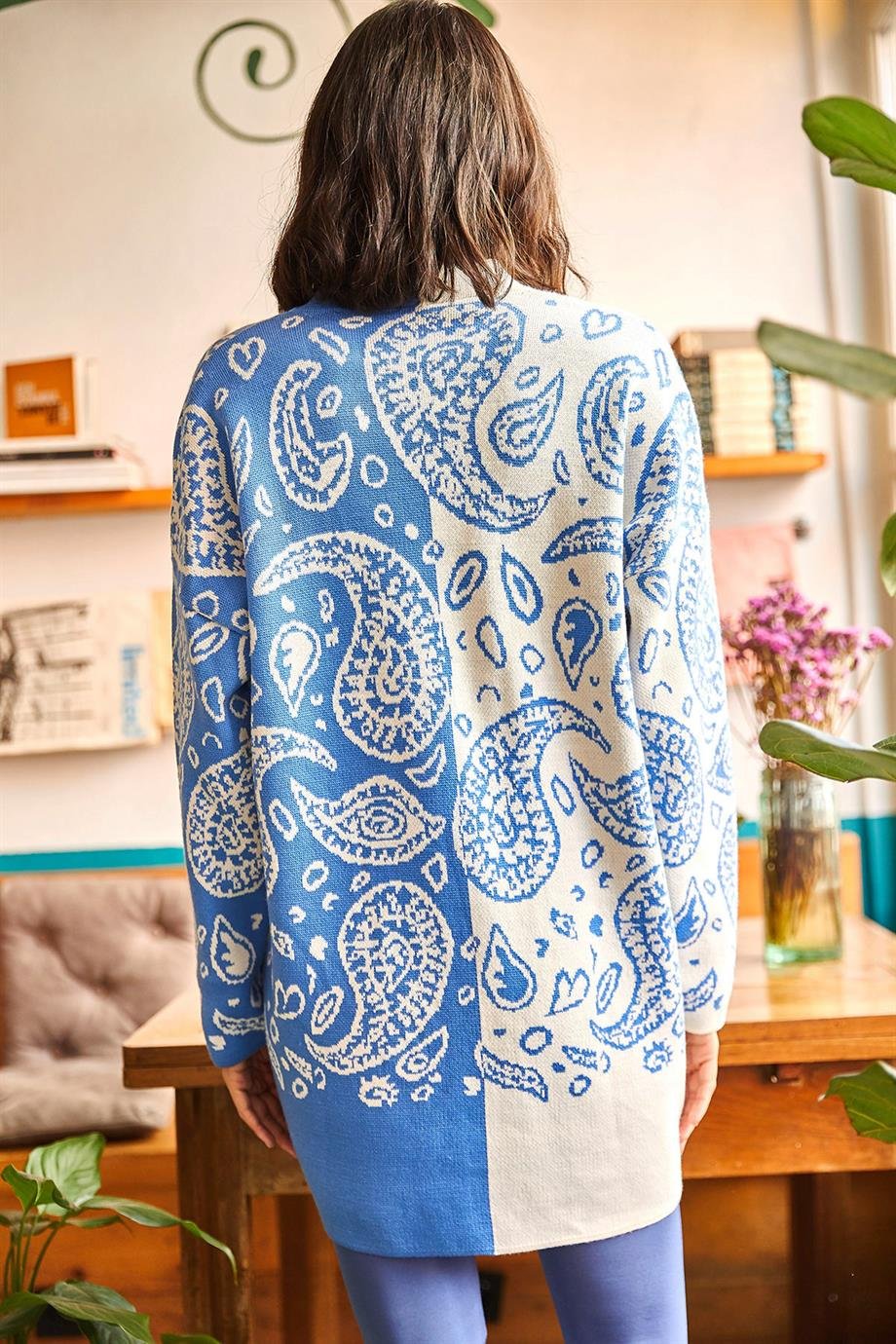 Şal Desen Yumuşak Dokulu Oversize Triko Hırka Mavi