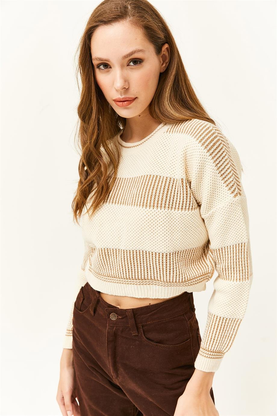 Şerit Bloklu Crop Triko Kazak Bej