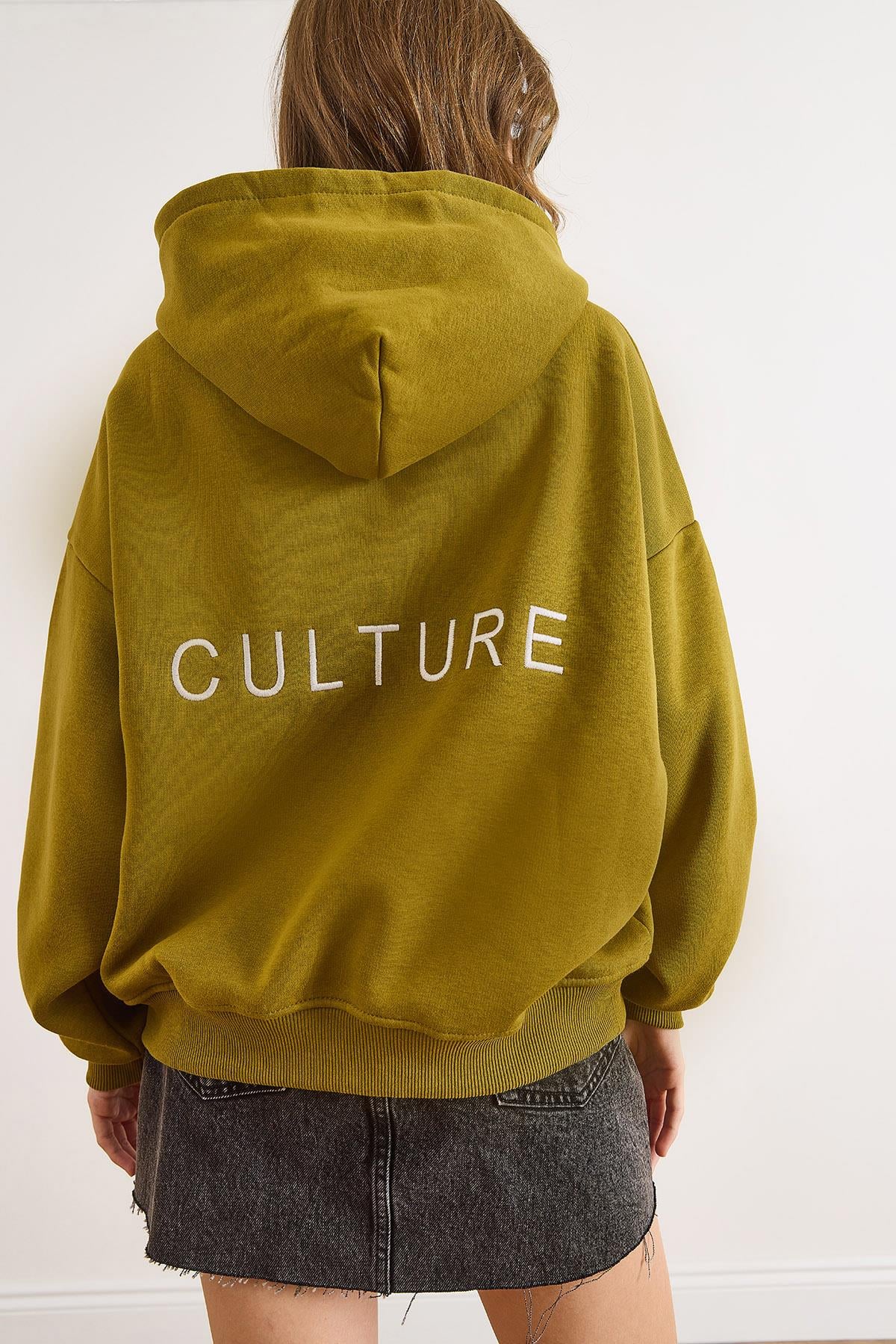 Sırt Culture Nakışlı Şardonlu Oversize Sweatshirt Yağ Yeşili