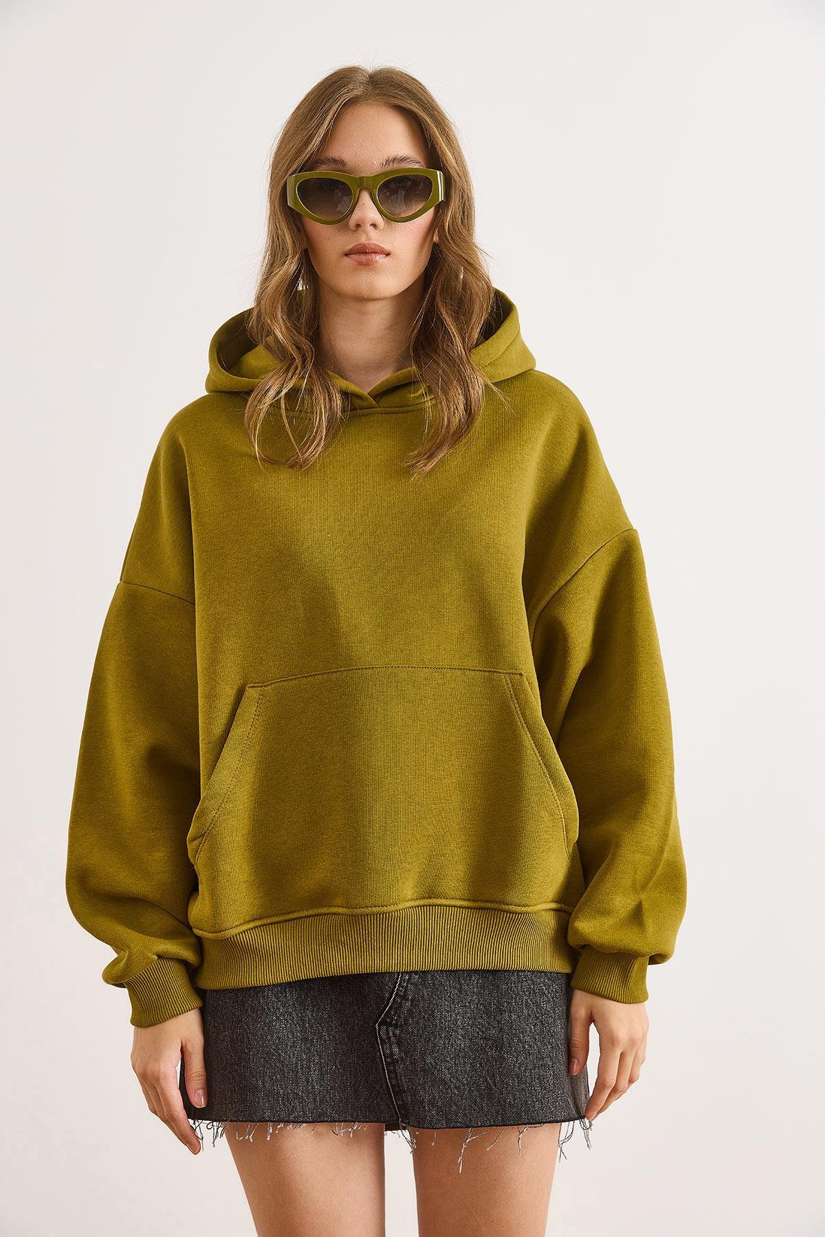 Sırt Culture Nakışlı Şardonlu Oversize Sweatshirt Yağ Yeşili