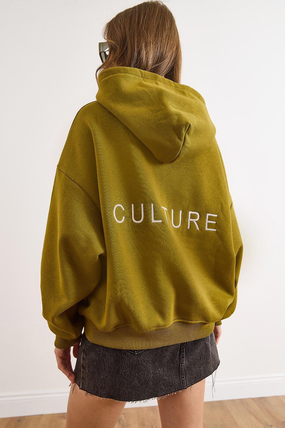 Sırt Culture Nakışlı Şardonlu Oversize Sweatshirt Yağ Yeşili