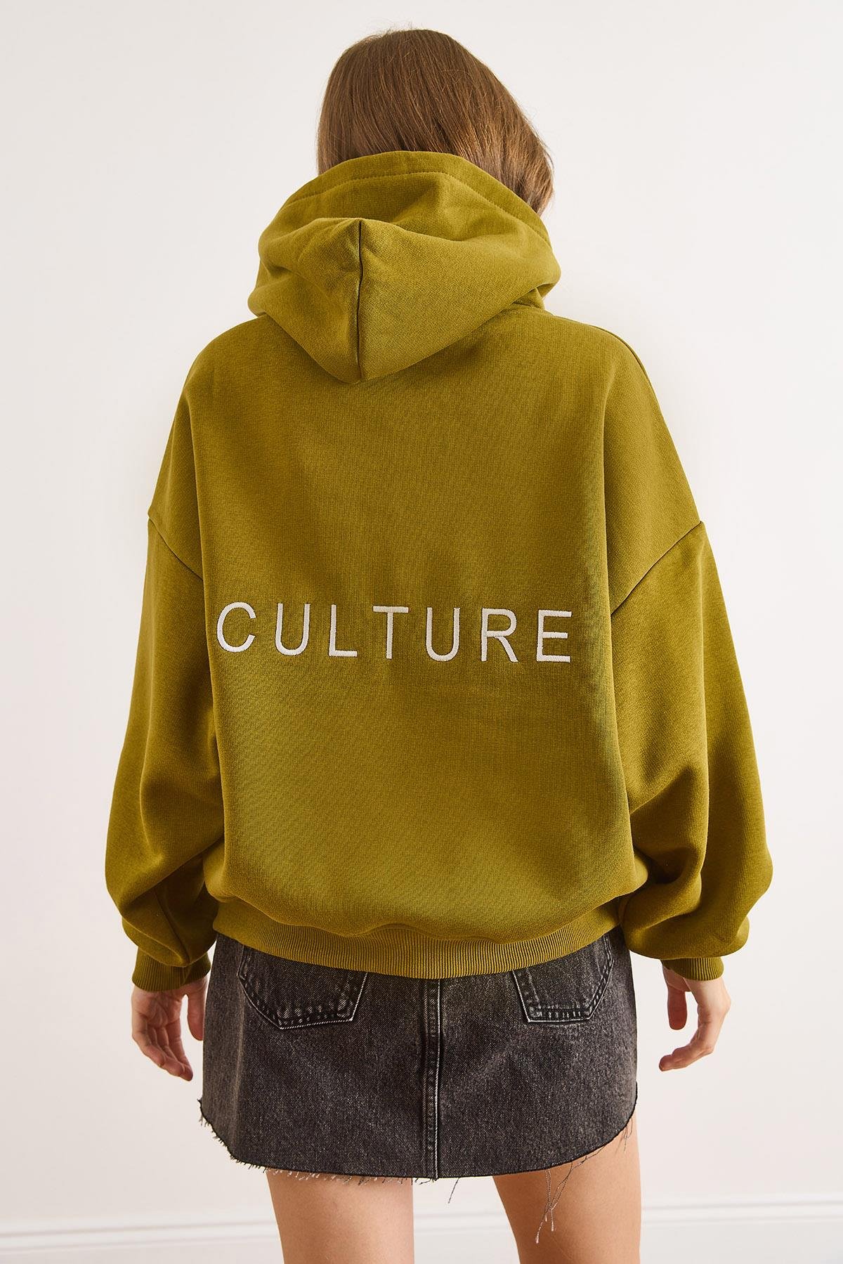 Sırt Culture Nakışlı Şardonlu Oversize Sweatshirt Yağ Yeşili