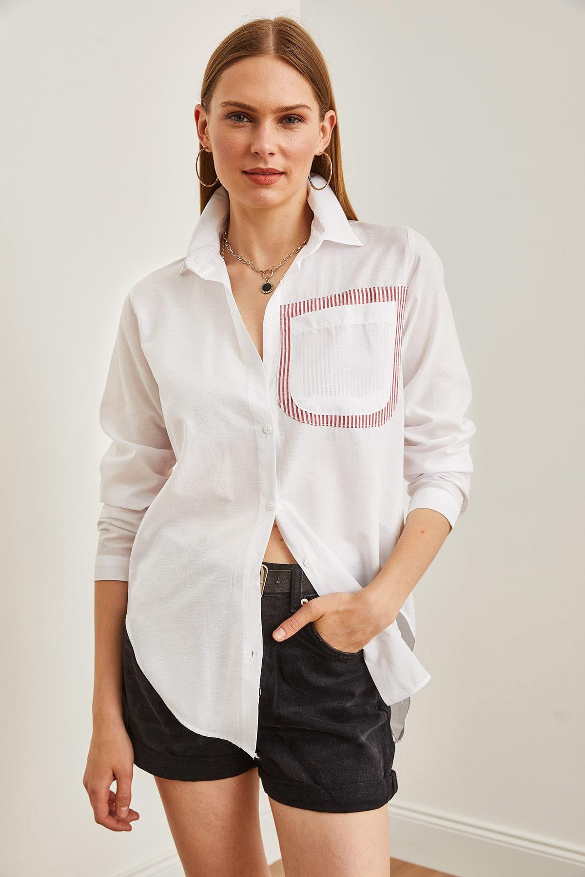 Sırtı Cut Out Detaylı Sambre Oversize Gömlek Bordo Beyaz