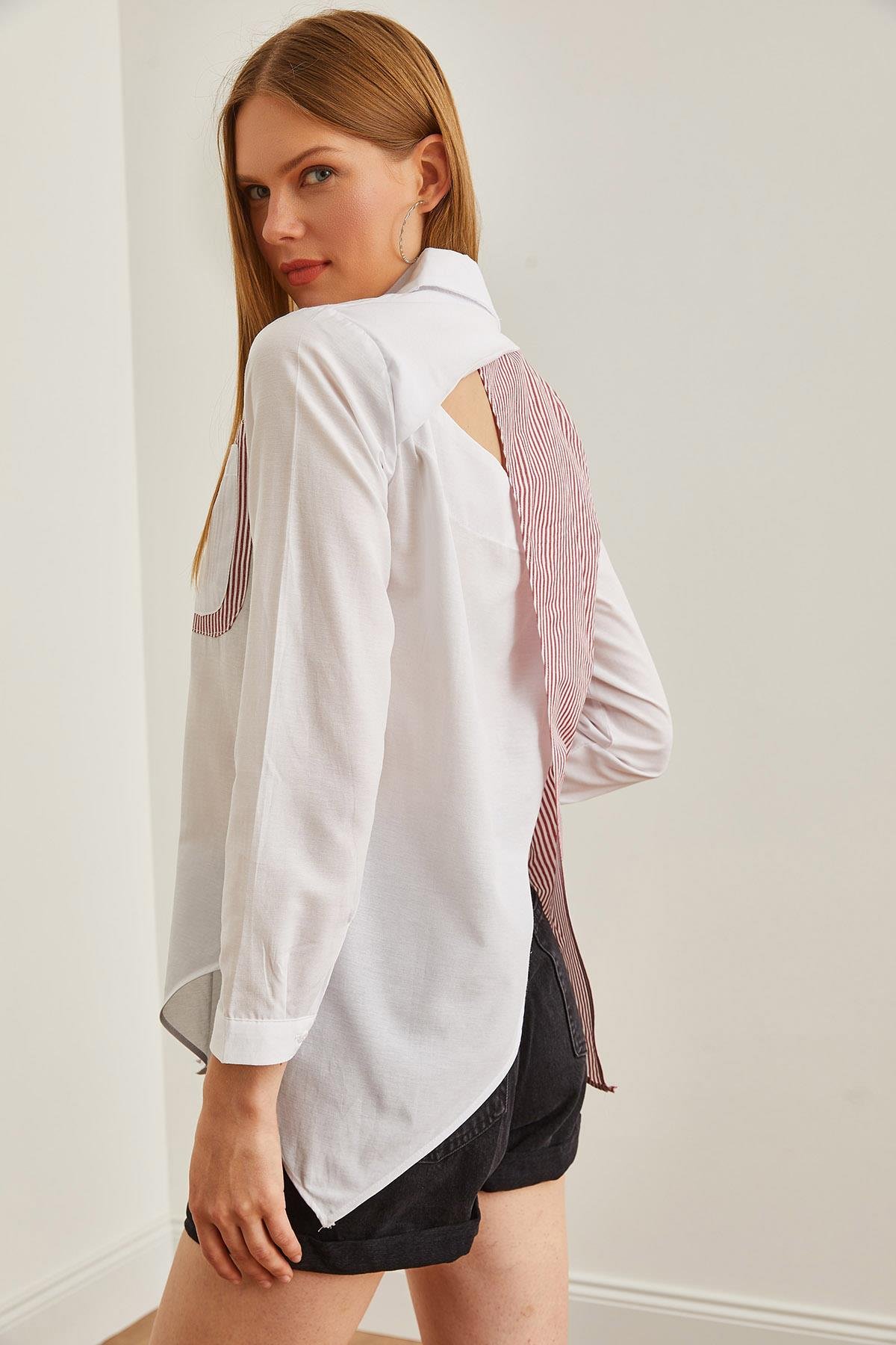 Sırtı Cut Out Detaylı Sambre Oversize Gömlek Bordo Beyaz
