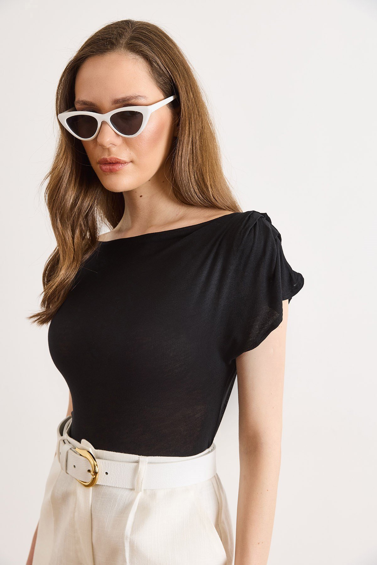 Sırtı Degaje Omuzu Drape Detaylı Transparan Bluz Siyah