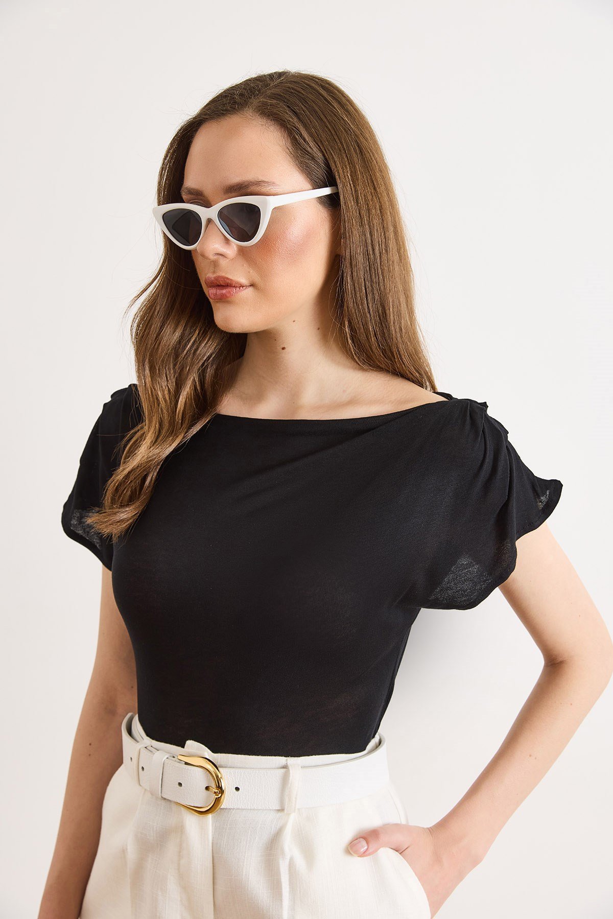Sırtı Degaje Omuzu Drape Detaylı Transparan Bluz Siyah