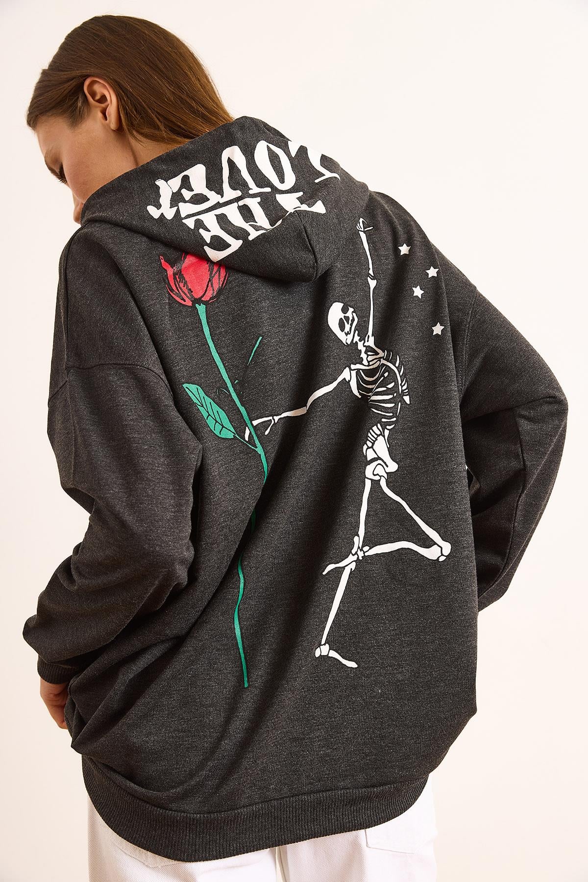 Sırtı İskelet Baskılı Kapüşonlu Oversize Sweatshirt Antrasit
