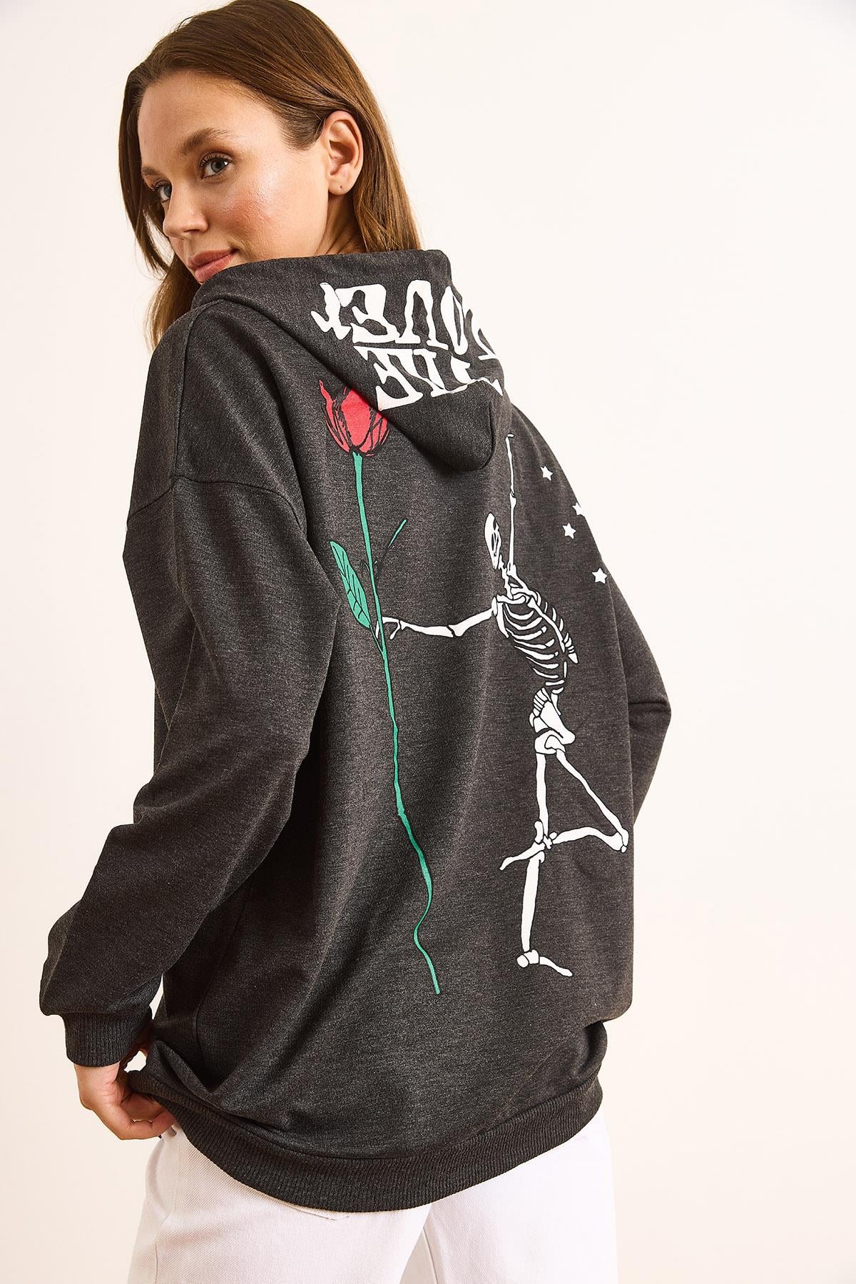 Sırtı İskelet Baskılı Kapüşonlu Oversize Sweatshirt Antrasit