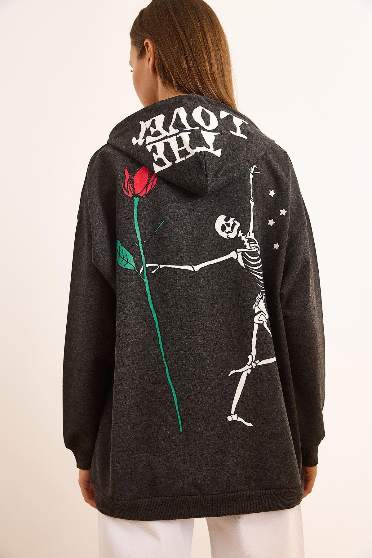 Sırtı İskelet Baskılı Kapüşonlu Oversize Sweatshirt Antrasit