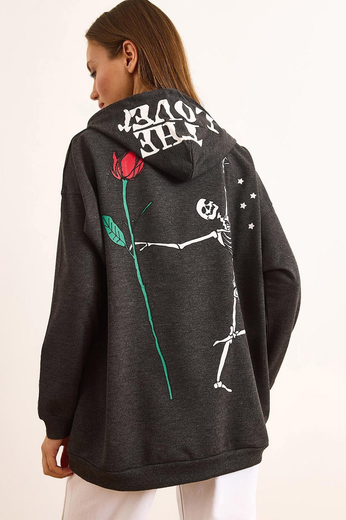 Sırtı İskelet Baskılı Kapüşonlu Oversize Sweatshirt Antrasit