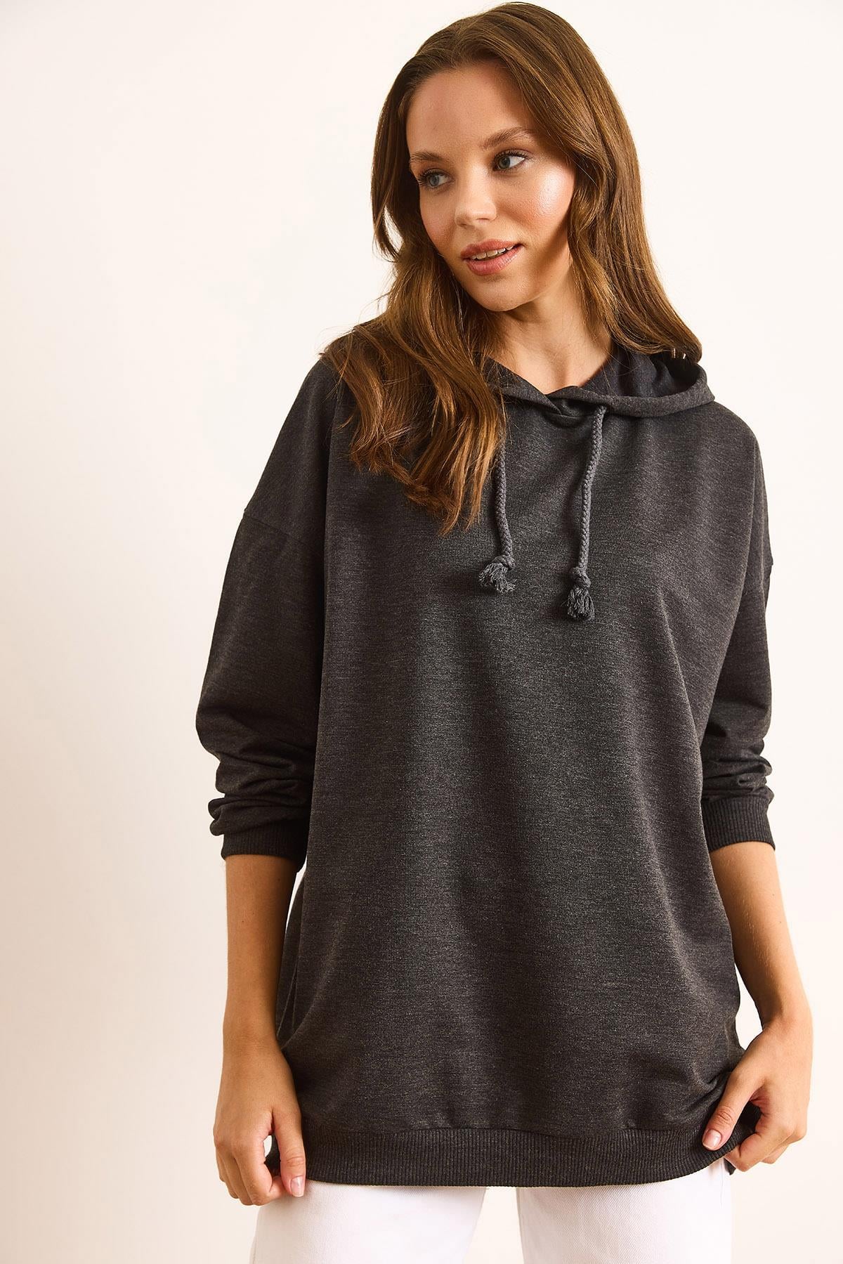 Sırtı İskelet Baskılı Kapüşonlu Oversize Sweatshirt Antrasit