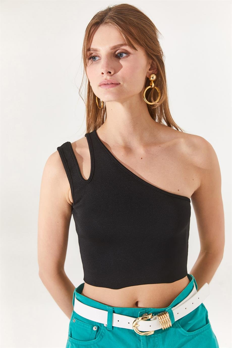 Tek Omuz Fitilli Crop Triko Bluz Siyah
