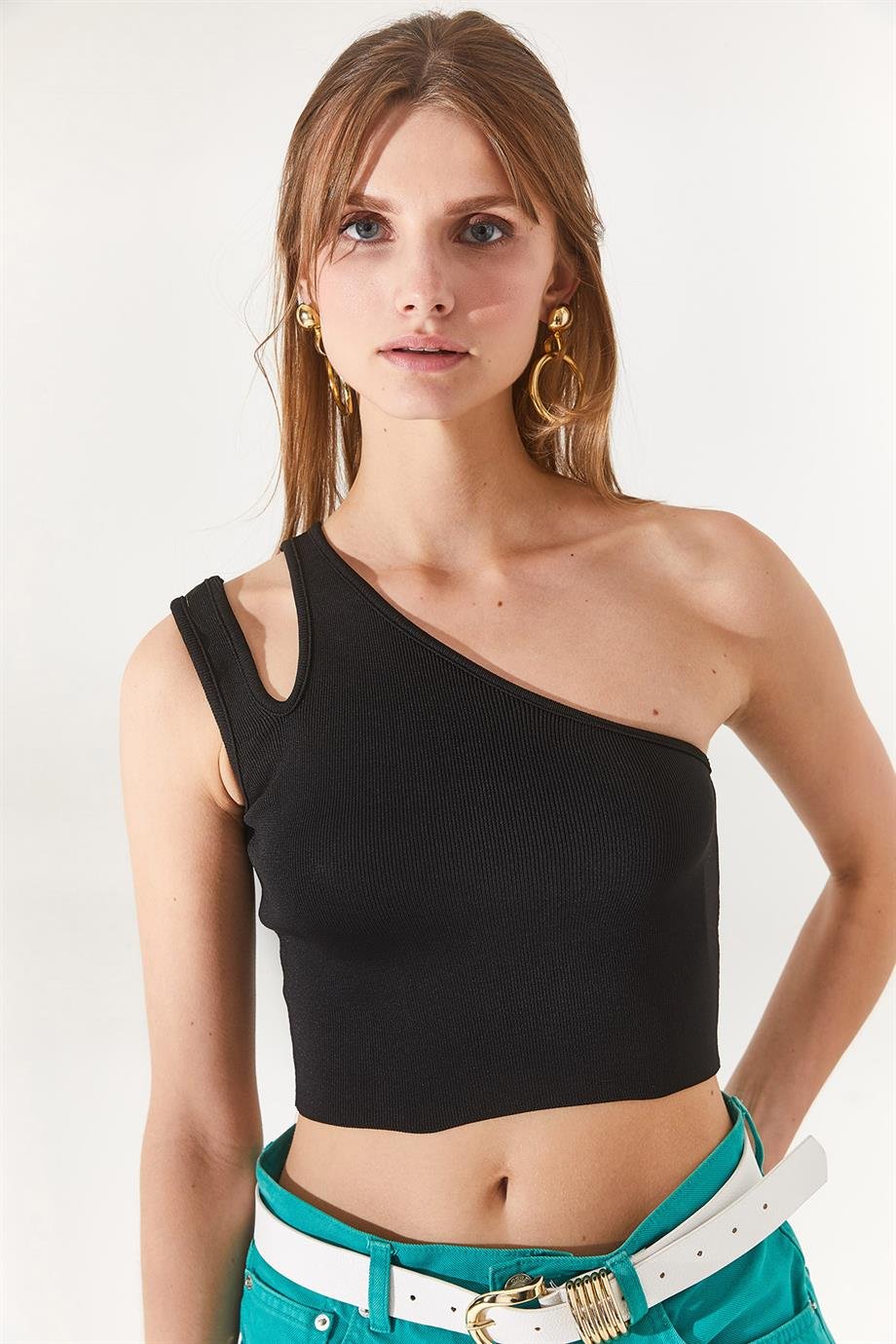 Tek Omuz Fitilli Crop Triko Bluz Siyah