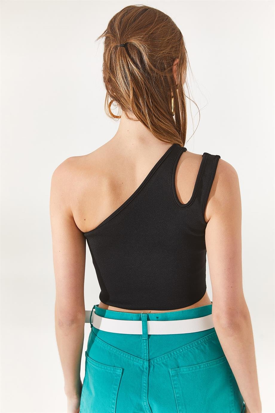 Tek Omuz Fitilli Crop Triko Bluz Siyah