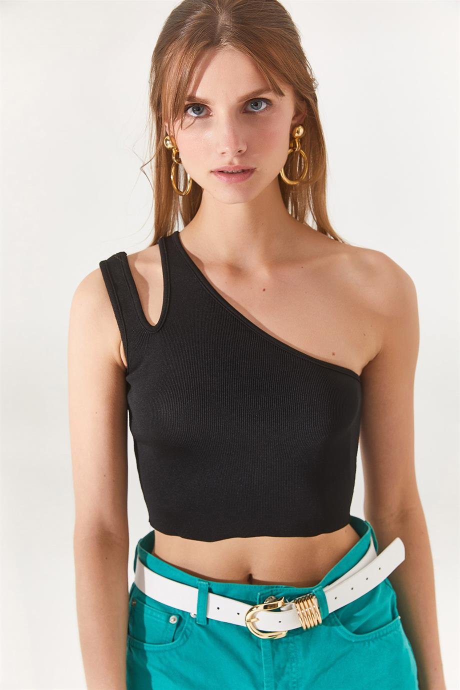 Tek Omuz Fitilli Crop Triko Bluz Siyah