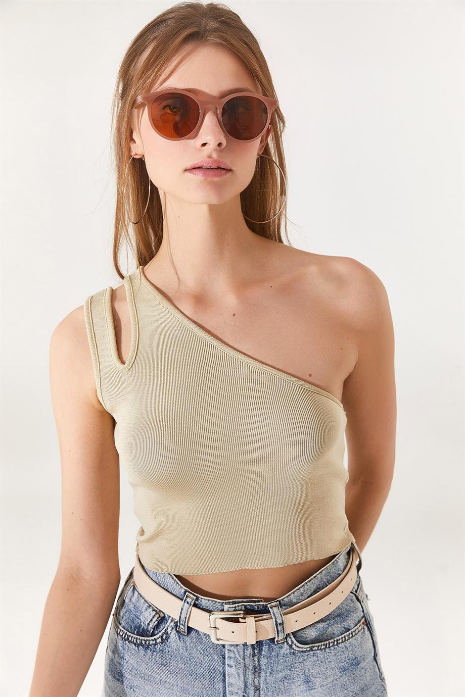 Tek Omuz Fitilli Crop Triko Bluz Taş