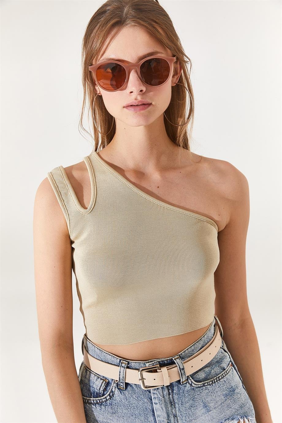 Tek Omuz Fitilli Crop Triko Bluz Taş