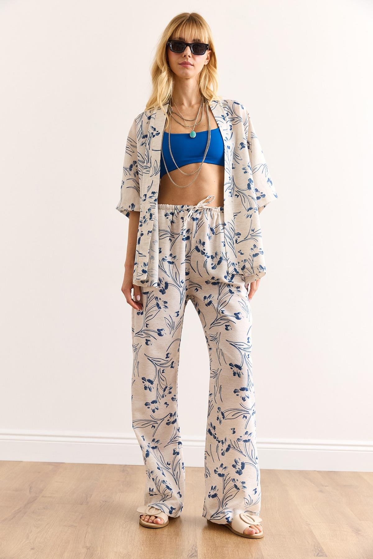 Üst Kimono Alt Cepli Palazzo Pantolon Takım Beyaz Mavi