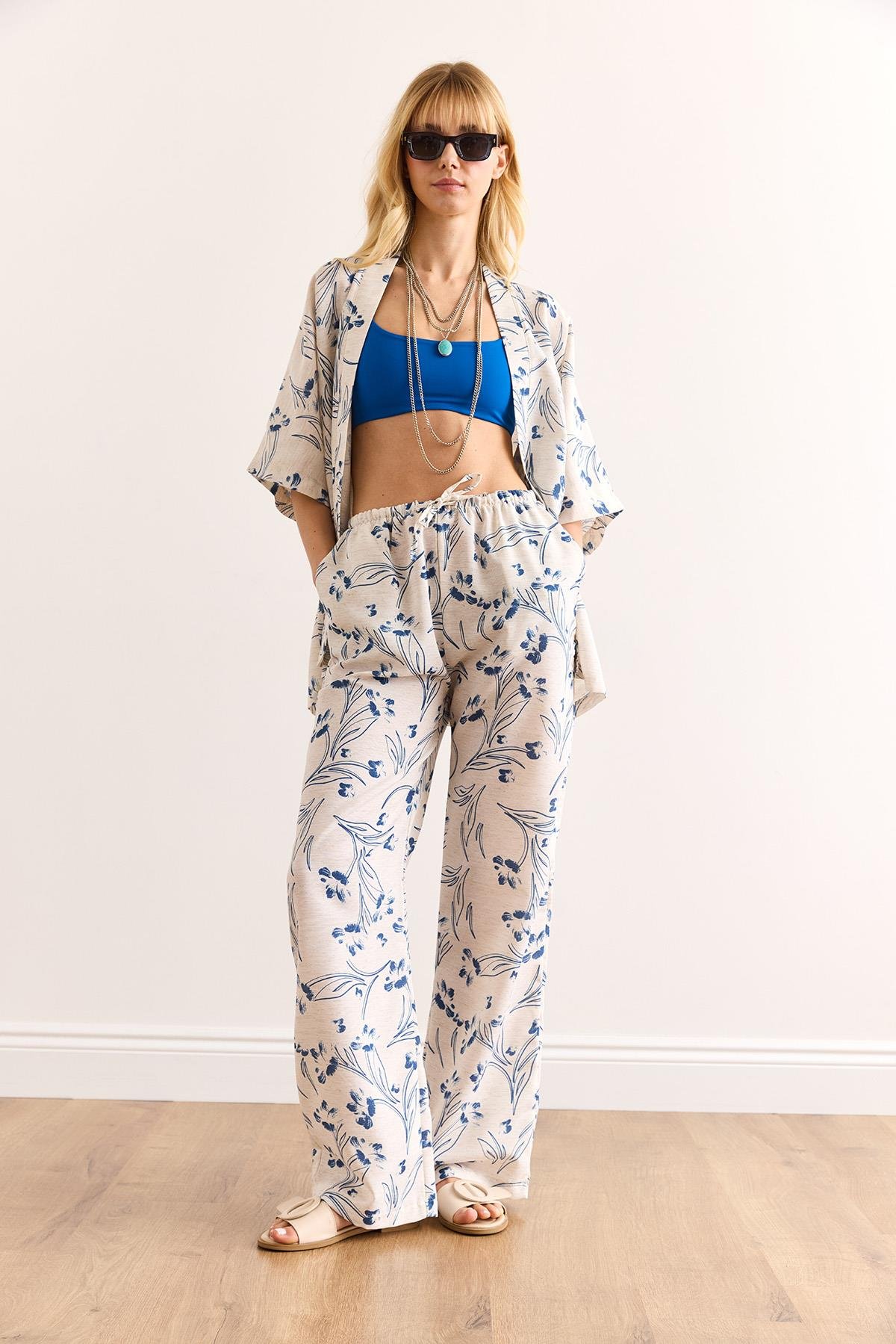 Üst Kimono Alt Cepli Palazzo Pantolon Takım Beyaz Mavi