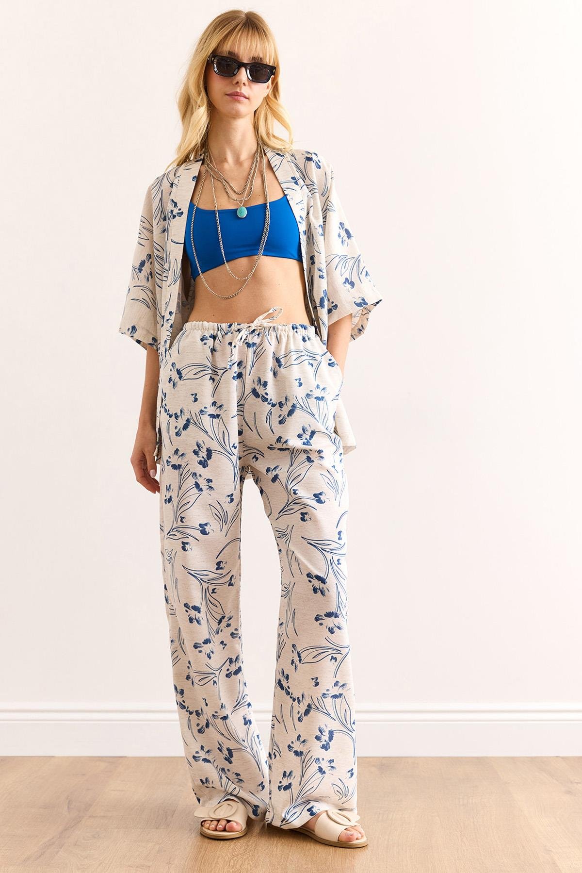 Üst Kimono Alt Cepli Palazzo Pantolon Takım Beyaz Mavi
