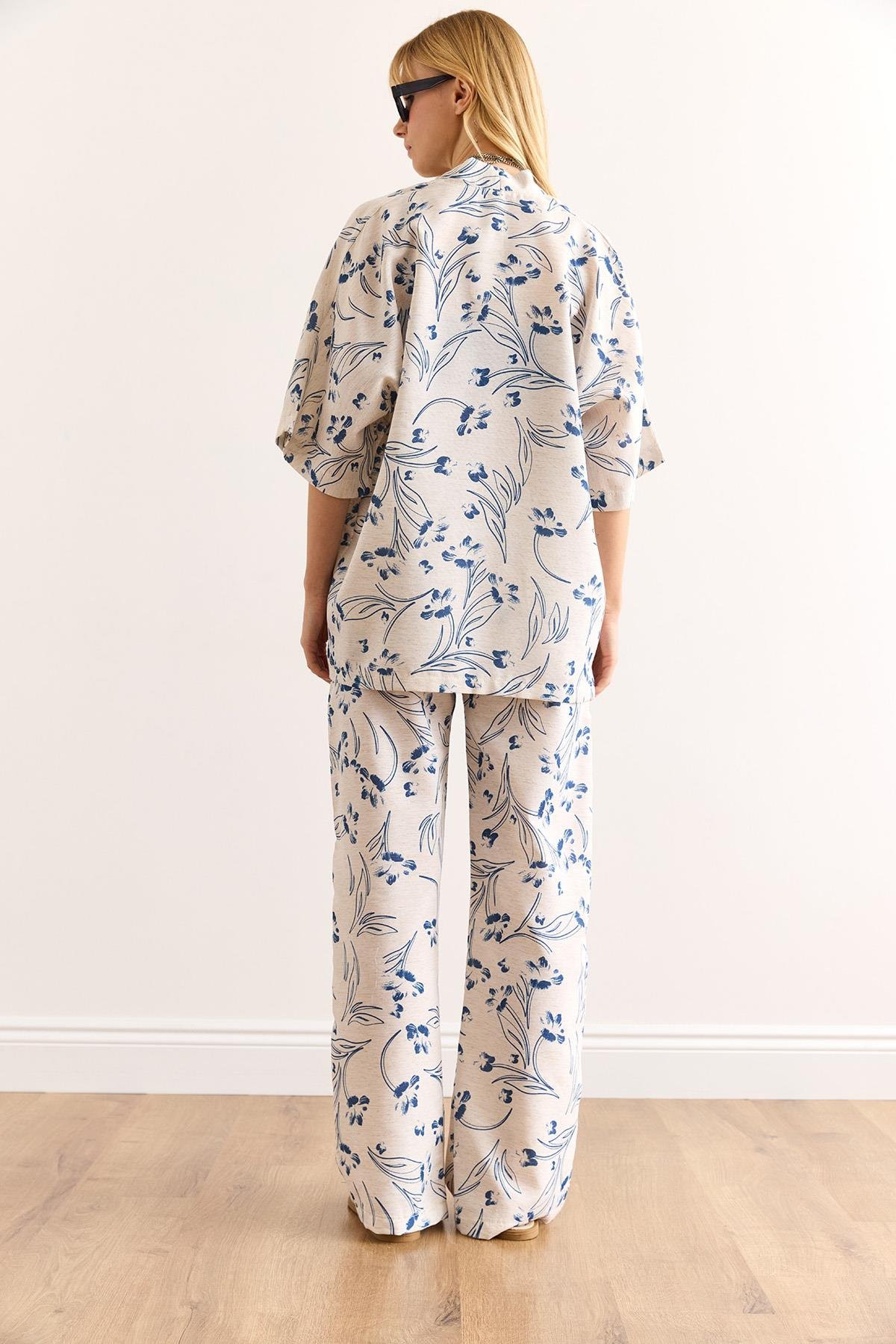 Üst Kimono Alt Cepli Palazzo Pantolon Takım Beyaz Mavi