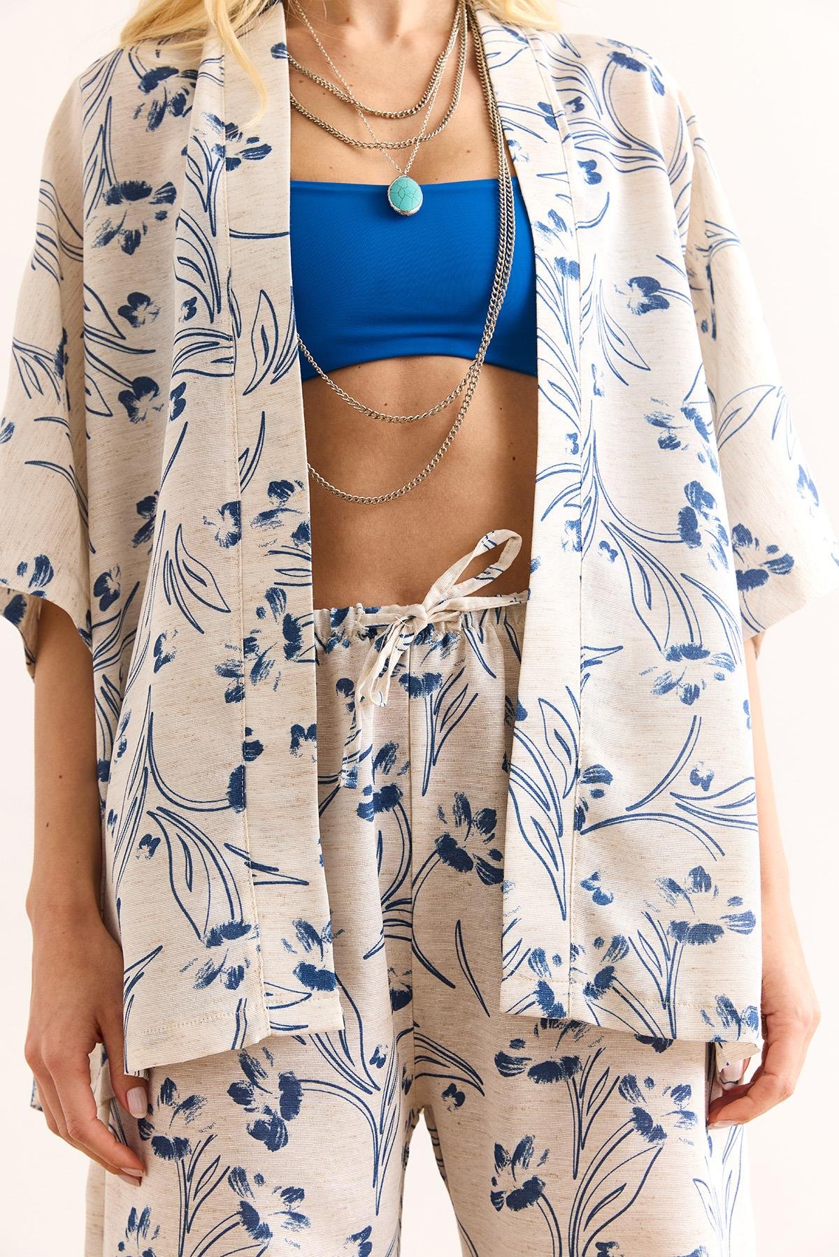 Üst Kimono Alt Cepli Palazzo Pantolon Takım Beyaz Mavi