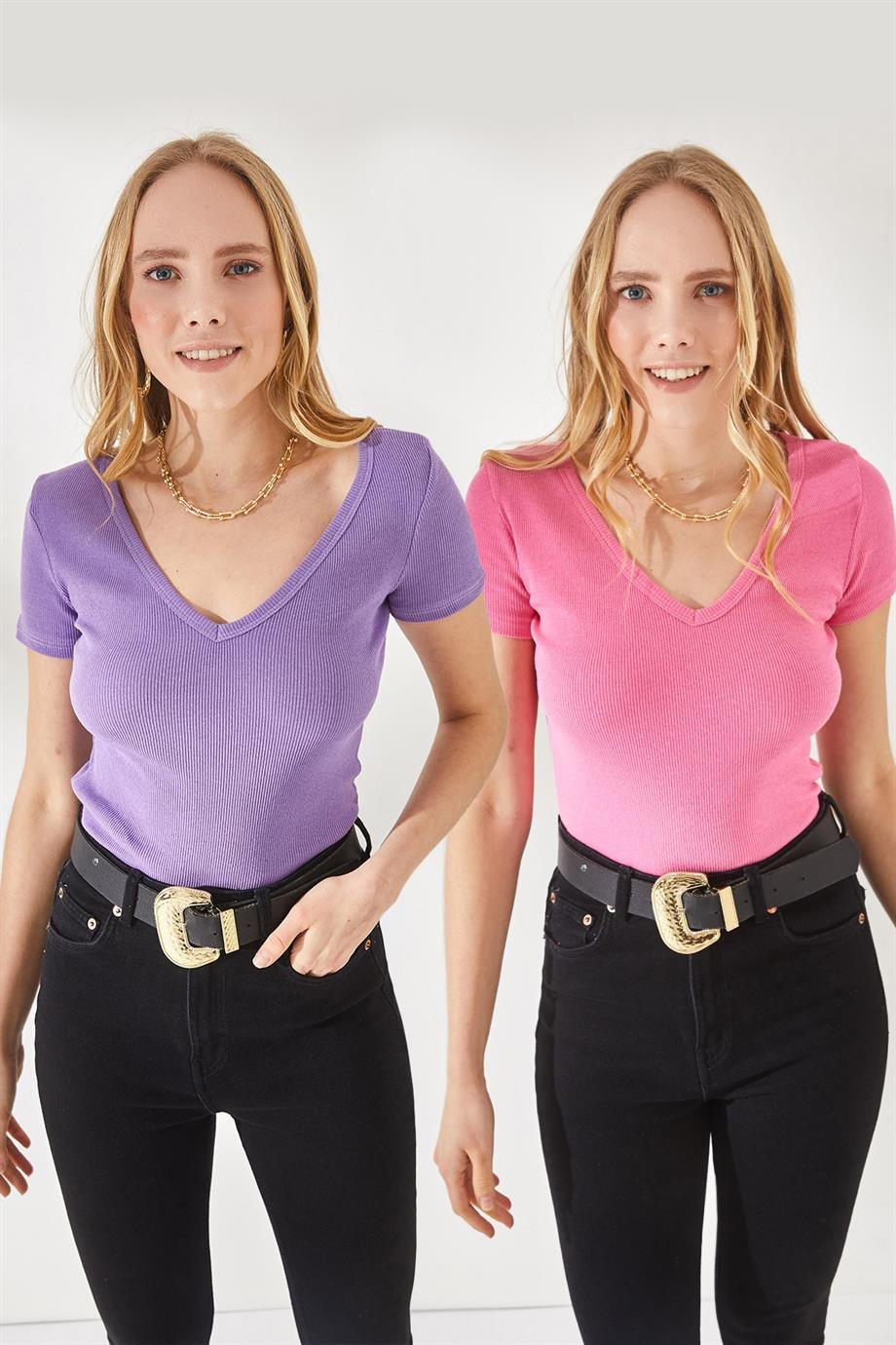V Yaka Kısa Kollu 2'li Takım Bluz Pembe-Lila