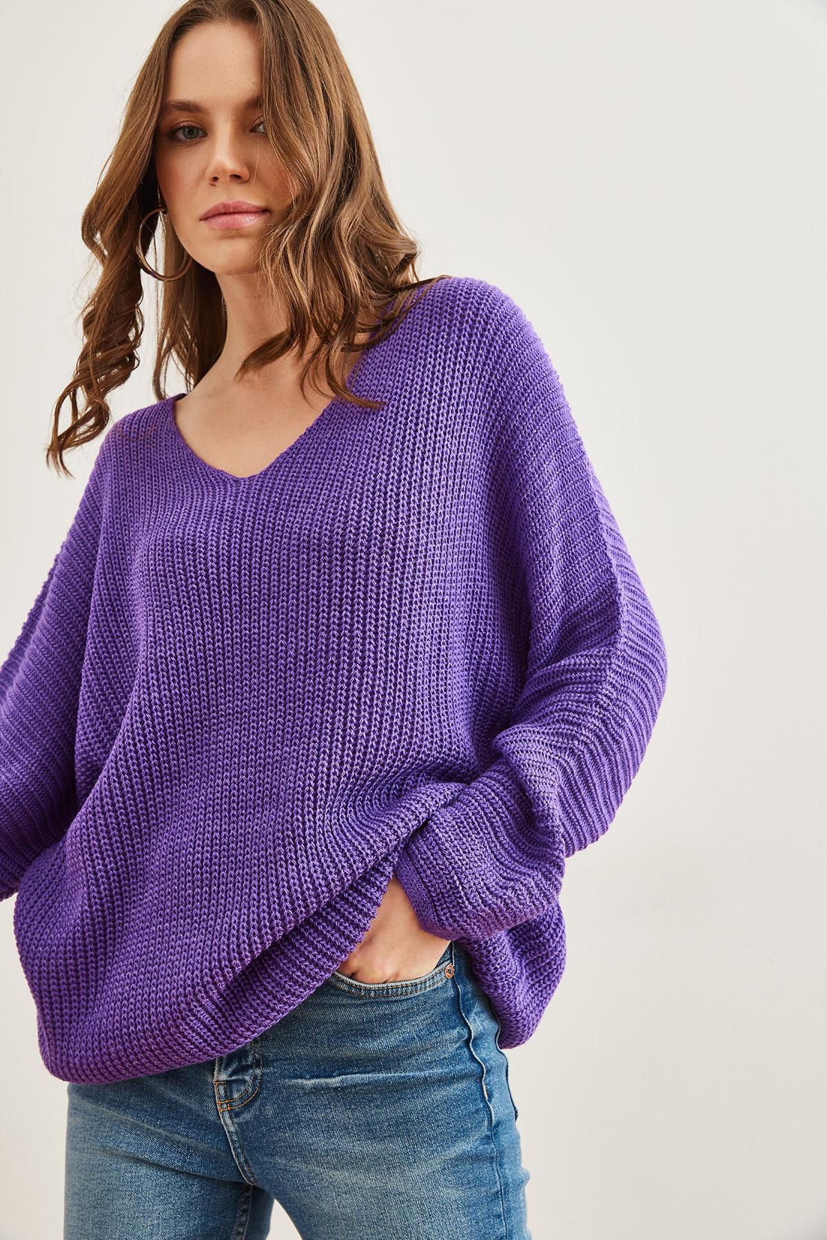 V Yaka Selanik Örgü Oversize Triko Tunik Mor