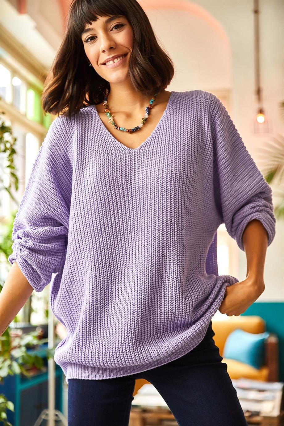 V Yaka Selanik Örgü Oversize Triko Tunik Lila