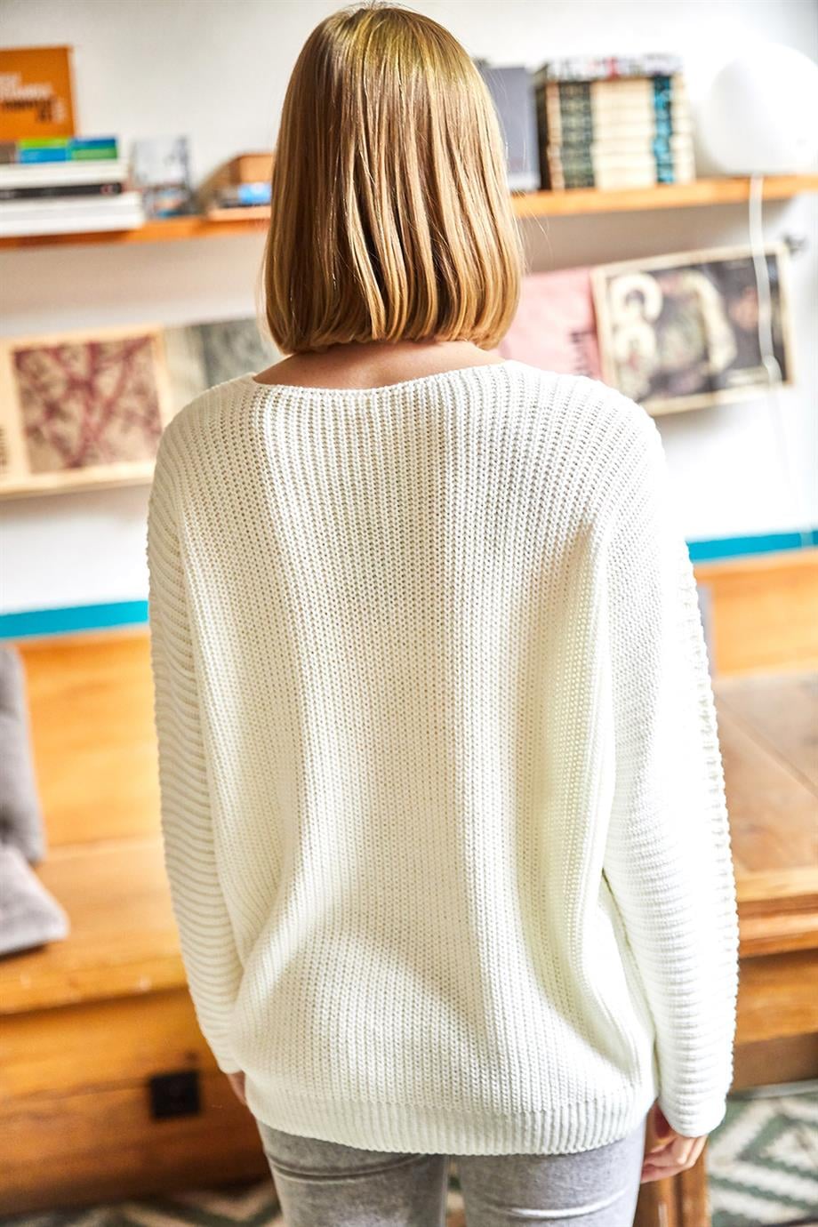 V Yaka Selanik Örgü Oversize Triko Tunik Ekru
