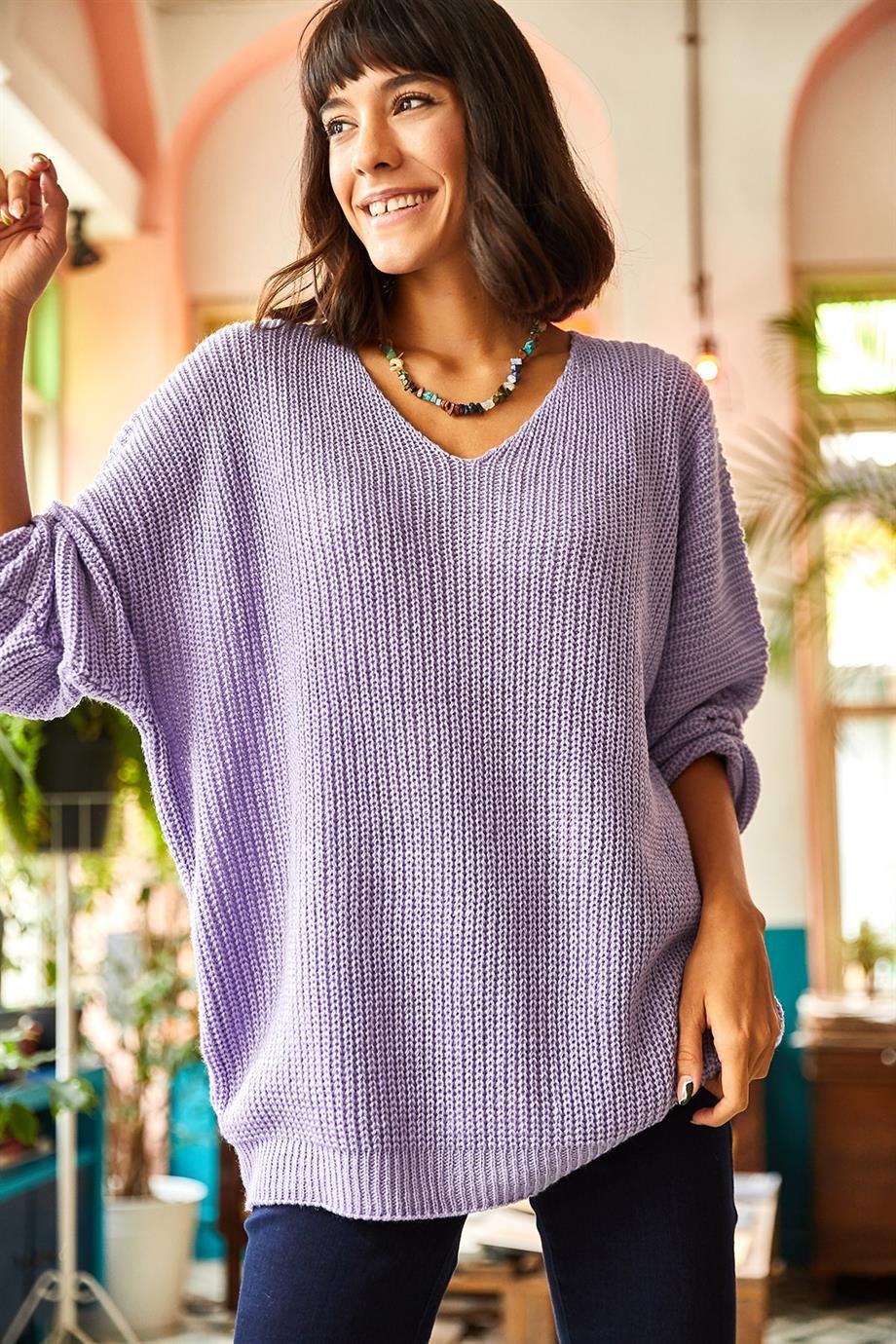 V Yaka Selanik Örgü Oversize Triko Tunik Lila