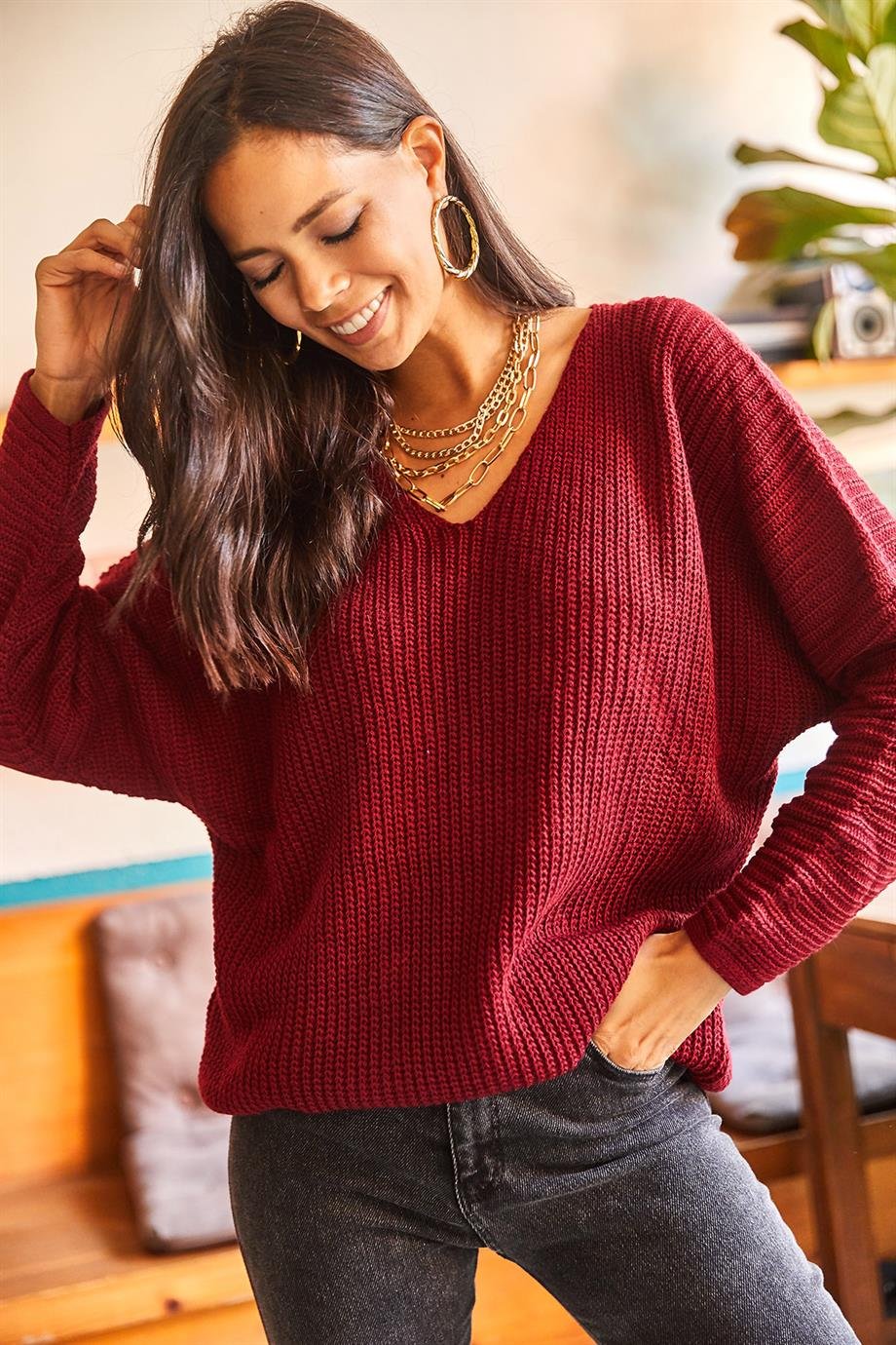 V Yaka Selanik Örgü Oversize Triko Tunik Bordo