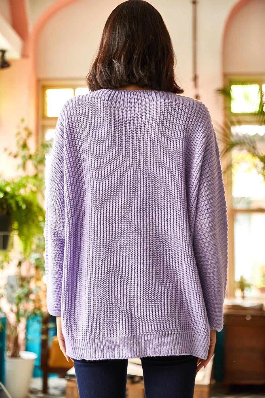 V Yaka Selanik Örgü Oversize Triko Tunik Lila