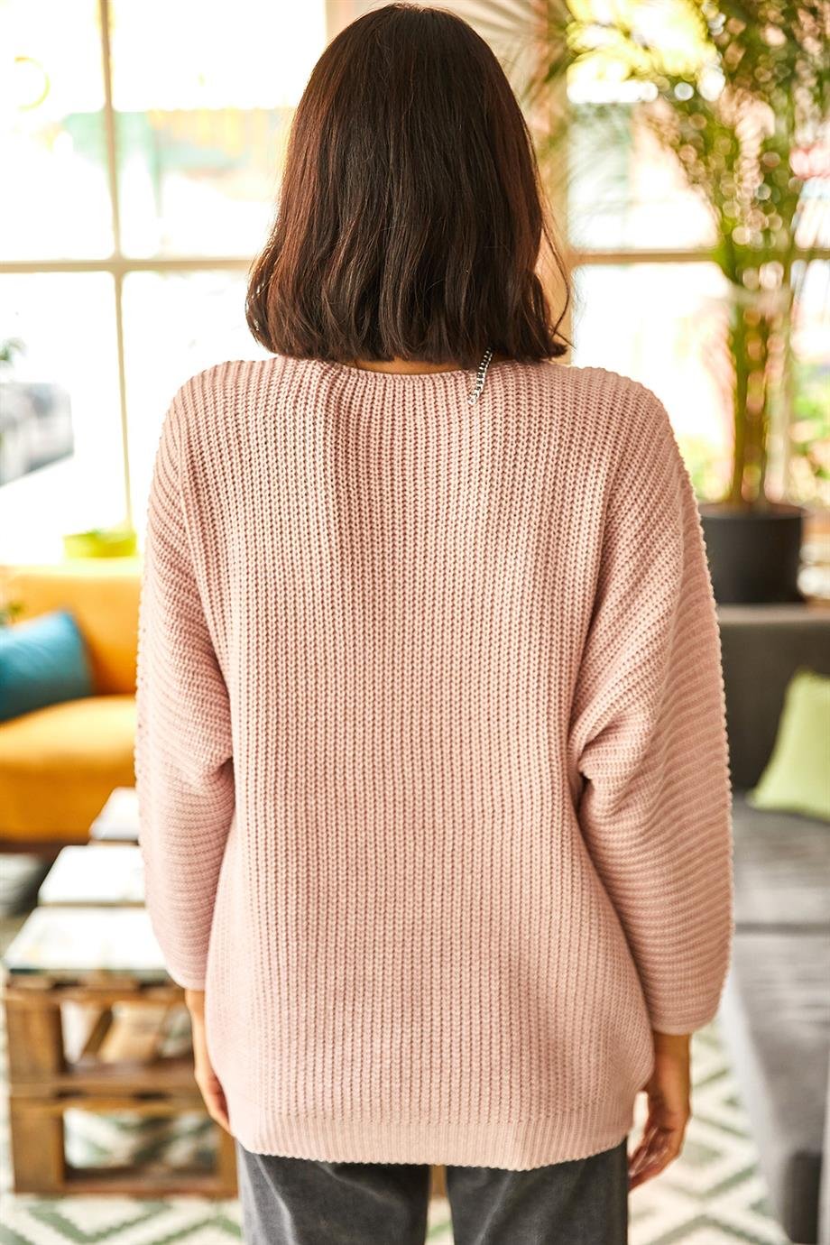 V Yaka Selanik Örgü Oversize Triko Tunik Pudra