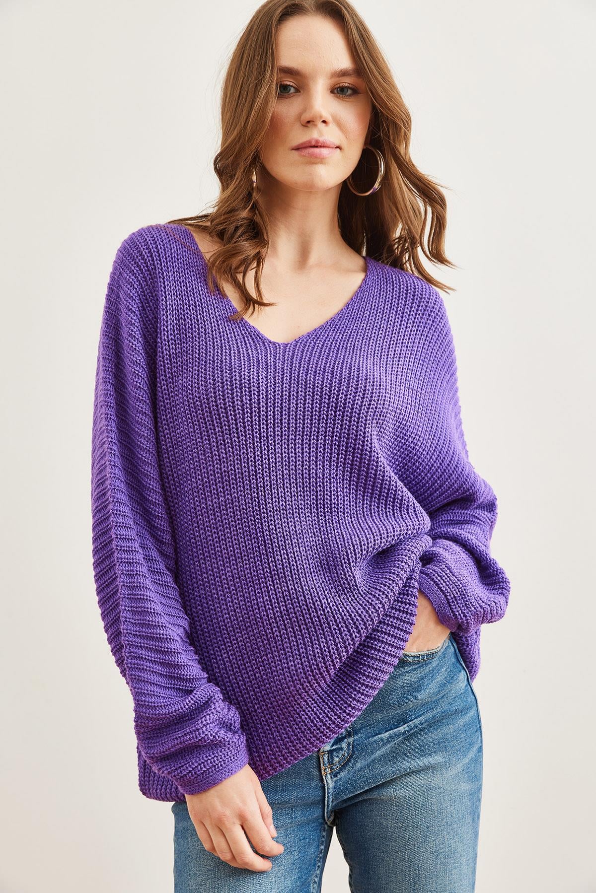 V Yaka Selanik Örgü Oversize Triko Tunik Mor