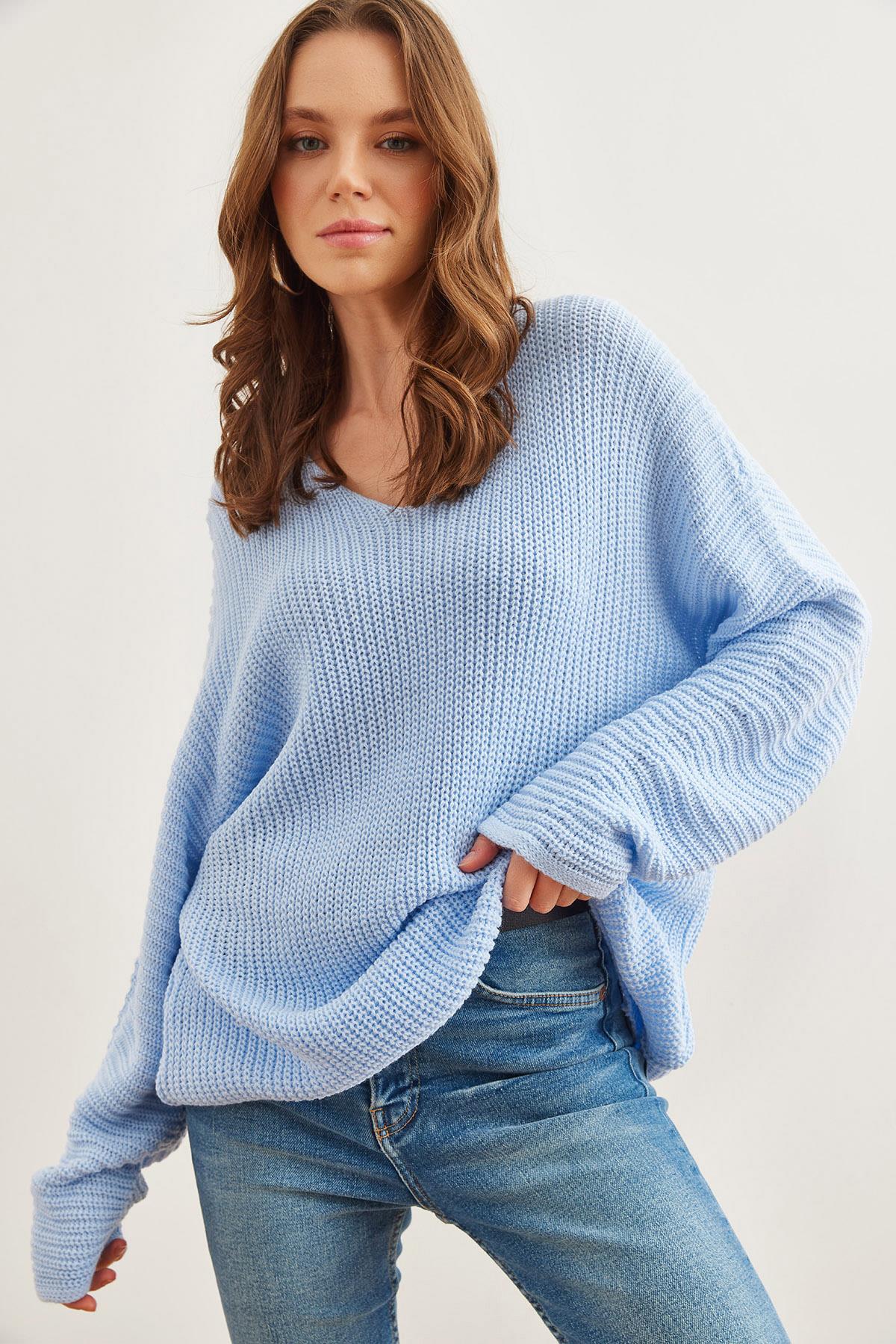 V Yaka Selanik Örgü Oversize Triko Tunik Bebe Mavi