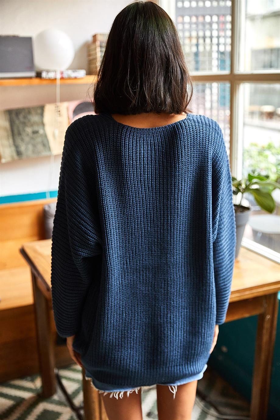 V Yaka Selanik Örgü Oversize Triko Tunik İndigo