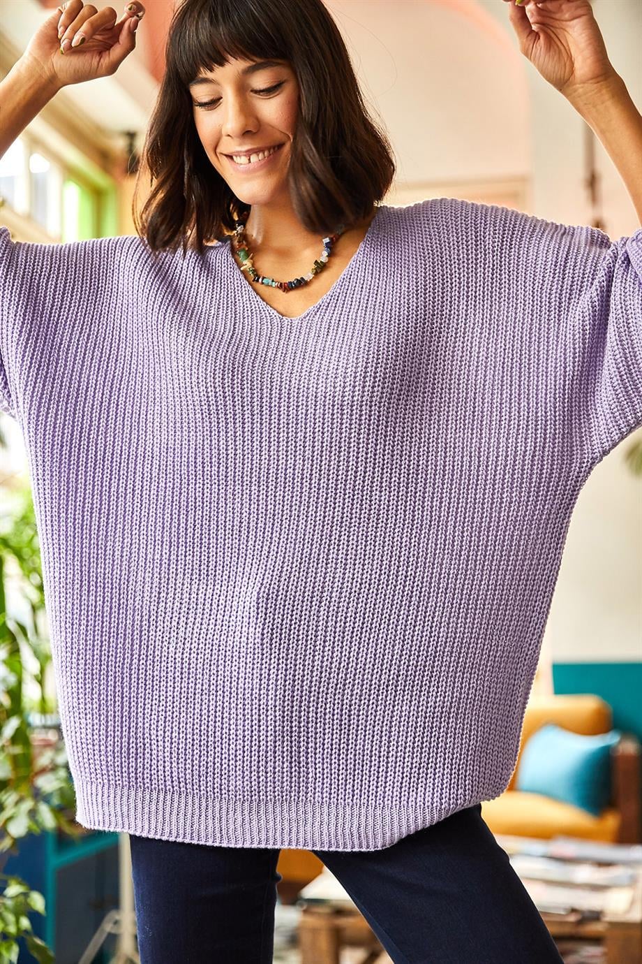 V Yaka Selanik Örgü Oversize Triko Tunik Lila