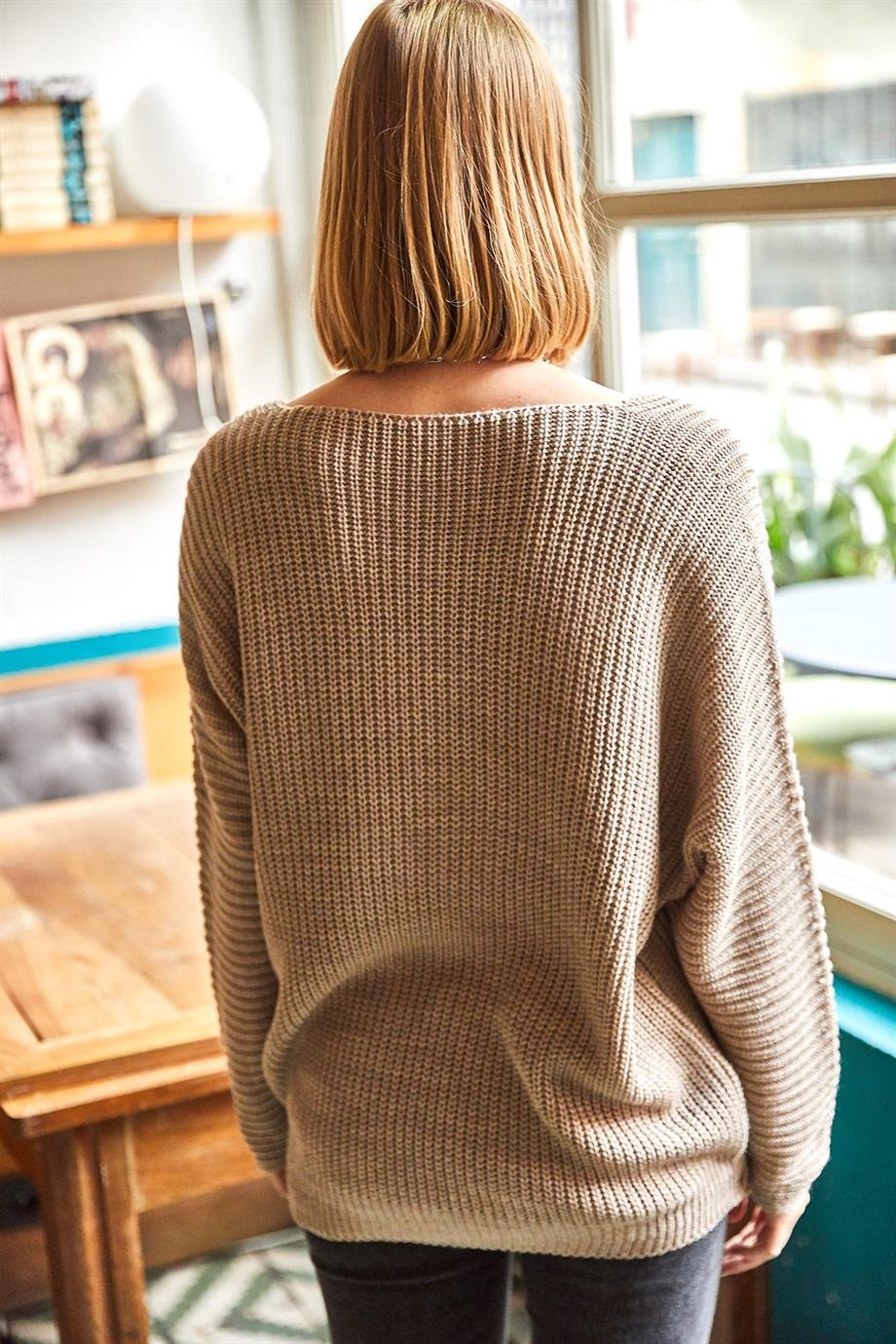 V Yaka Selanik Örgü Oversize Triko Tunik Vizon