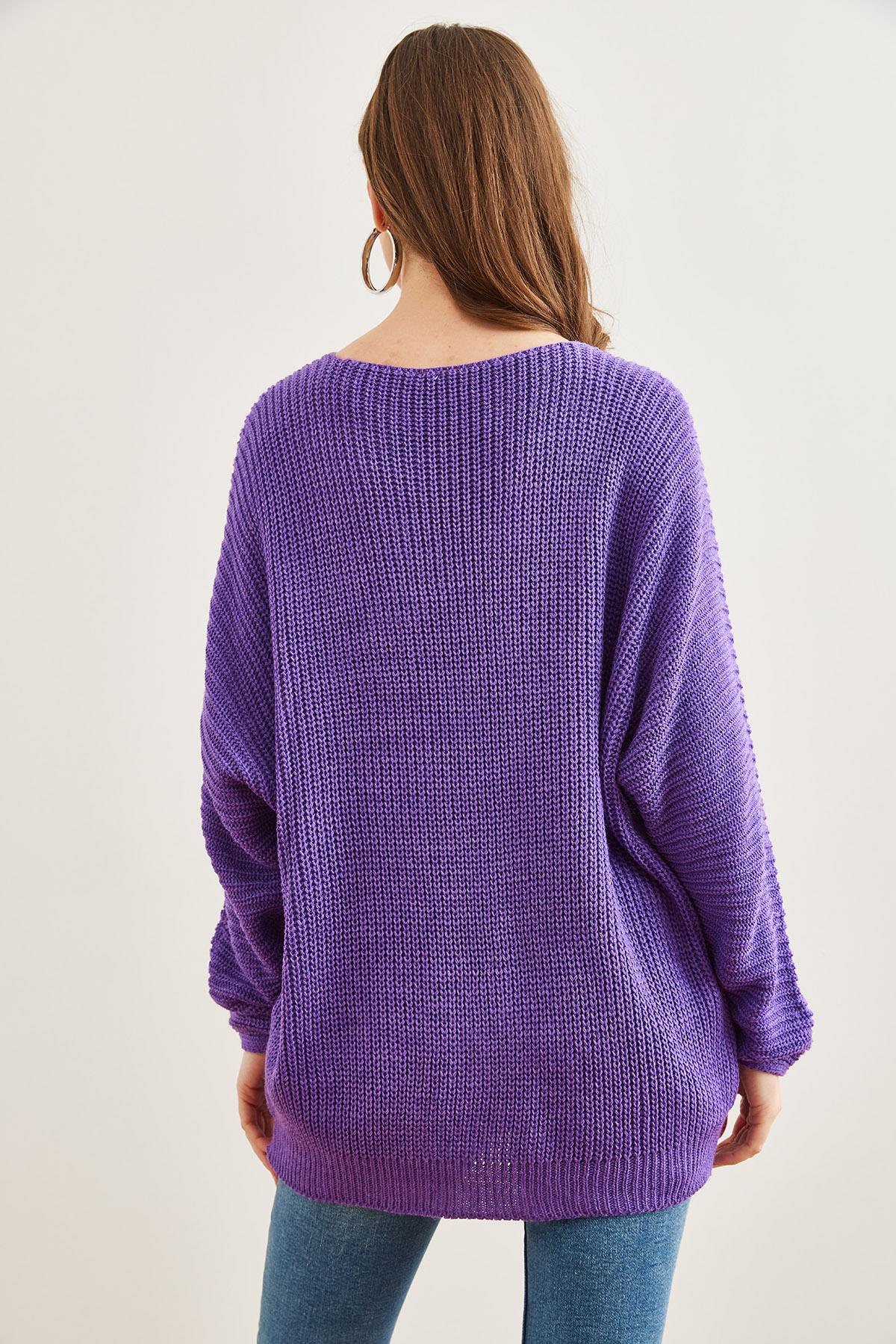 V Yaka Selanik Örgü Oversize Triko Tunik Mor