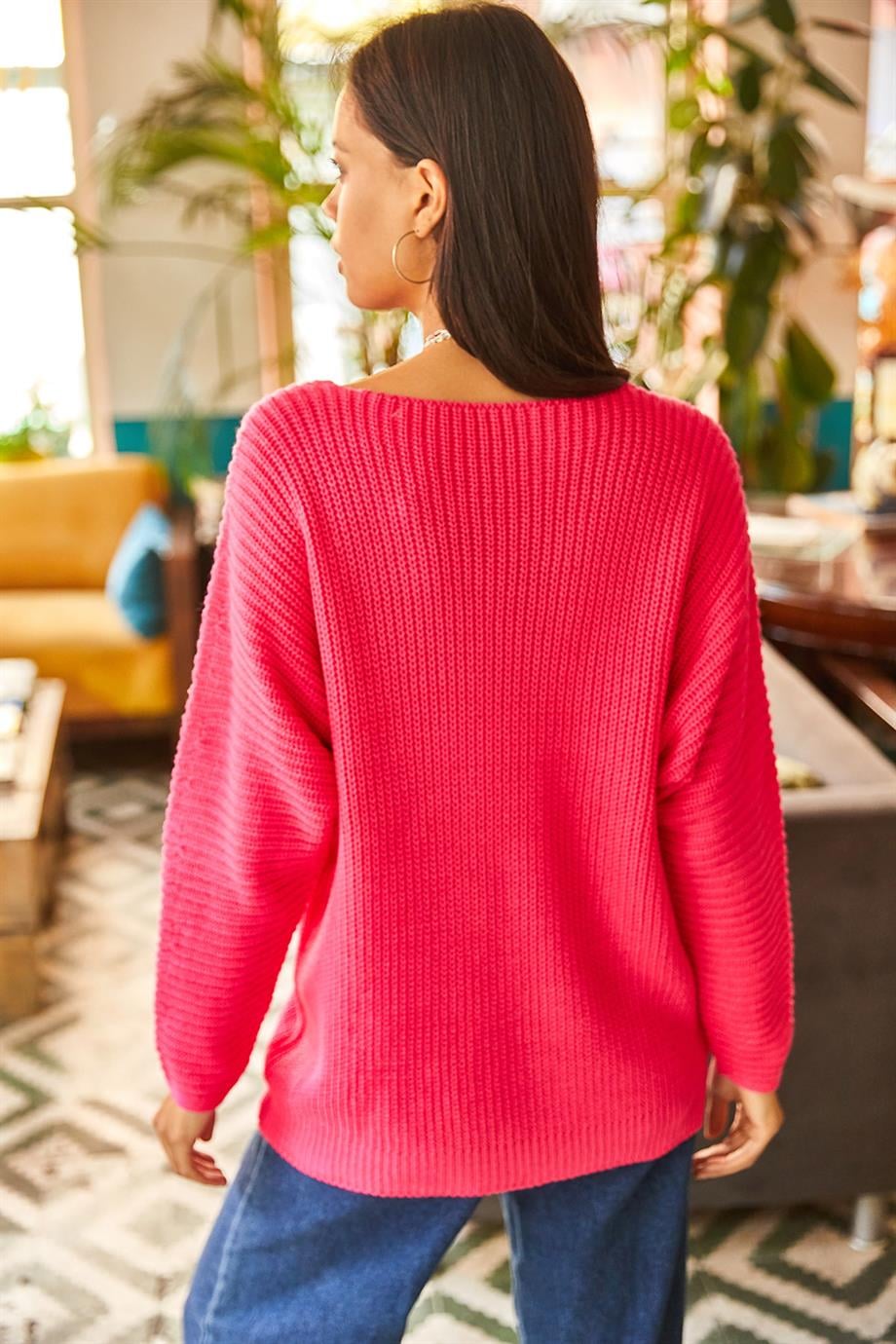 V Yaka Selanik Örgü Oversize Triko Tunik Fuşya