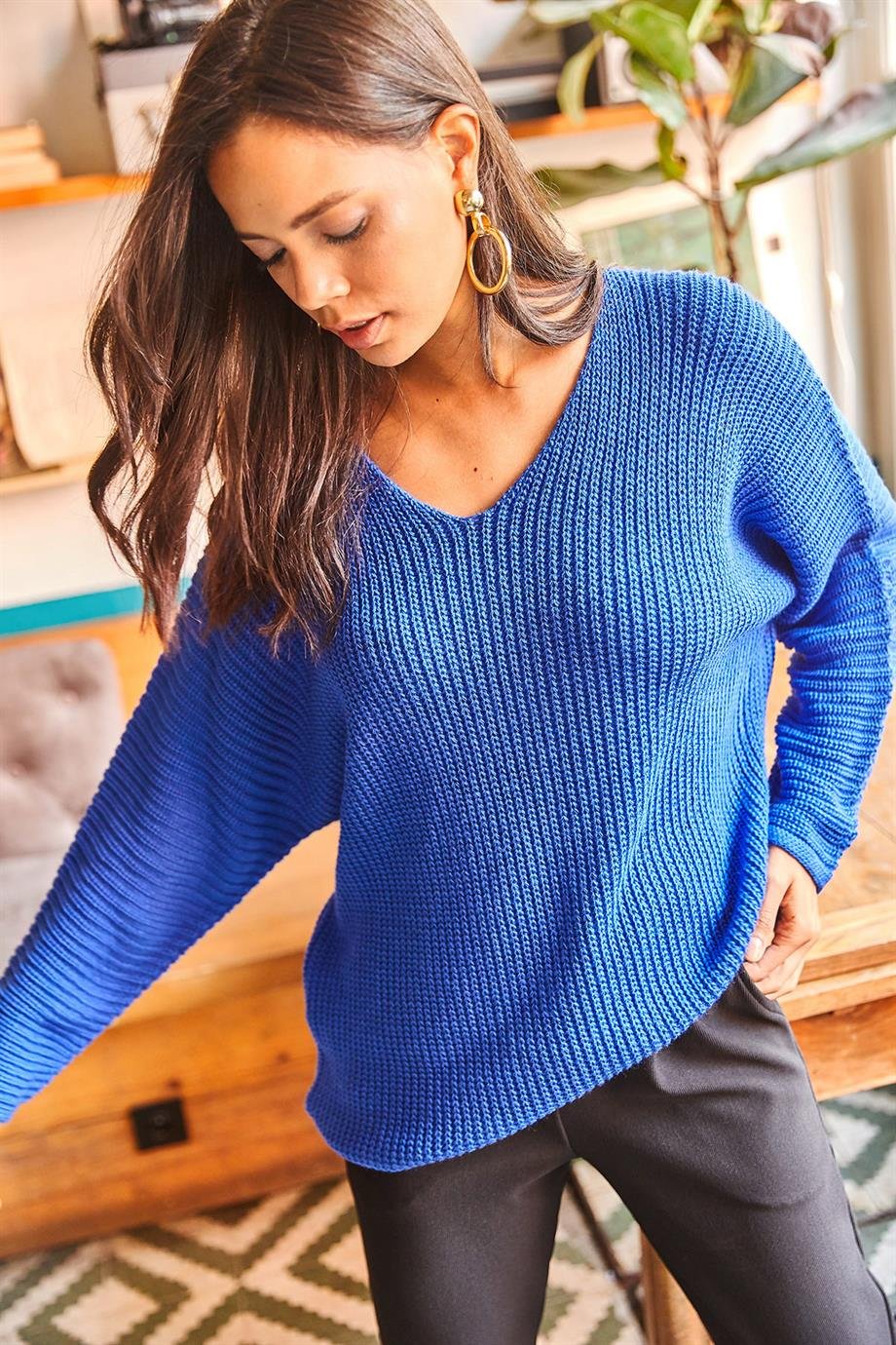 V Yaka Selanik Örgü Oversize Triko Tunik Saks Mavi