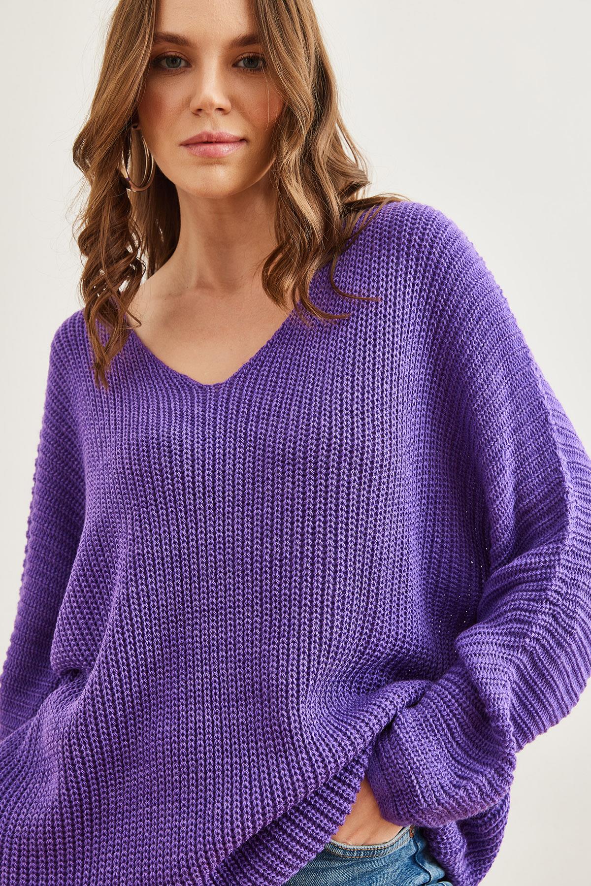 V Yaka Selanik Örgü Oversize Triko Tunik Mor