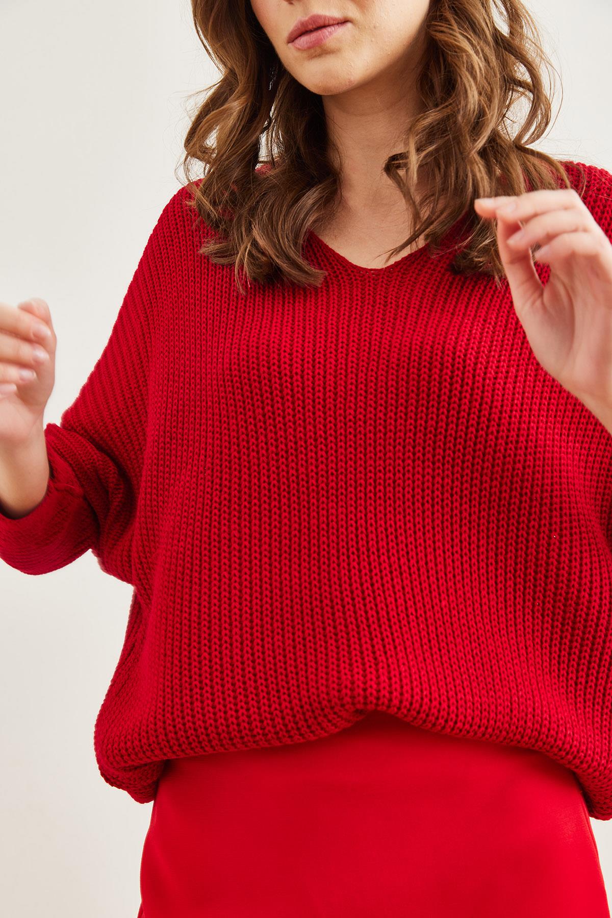 V Yaka Selanik Örgü Oversize Triko Tunik Kırmızı