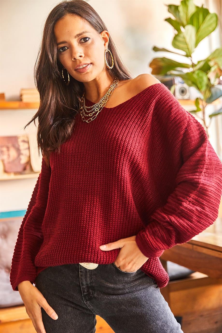 V Yaka Selanik Örgü Oversize Triko Tunik Bordo