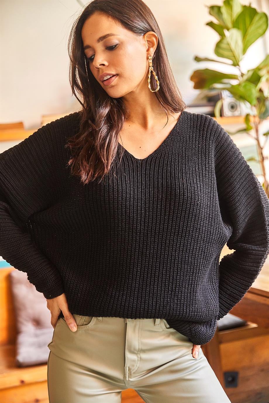 V Yaka Selanik Örgü Oversize Triko Tunik Siyah