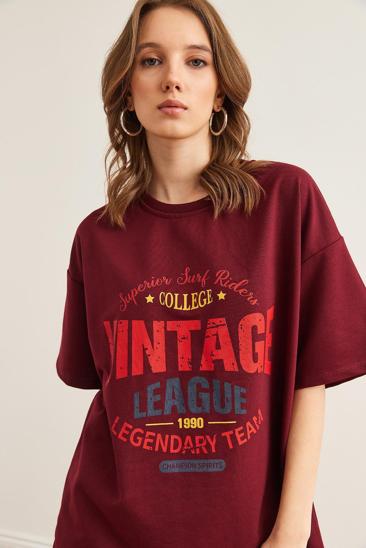 Vintage Baskılı 2 İp Rahat Kalıp Tişört Bordo