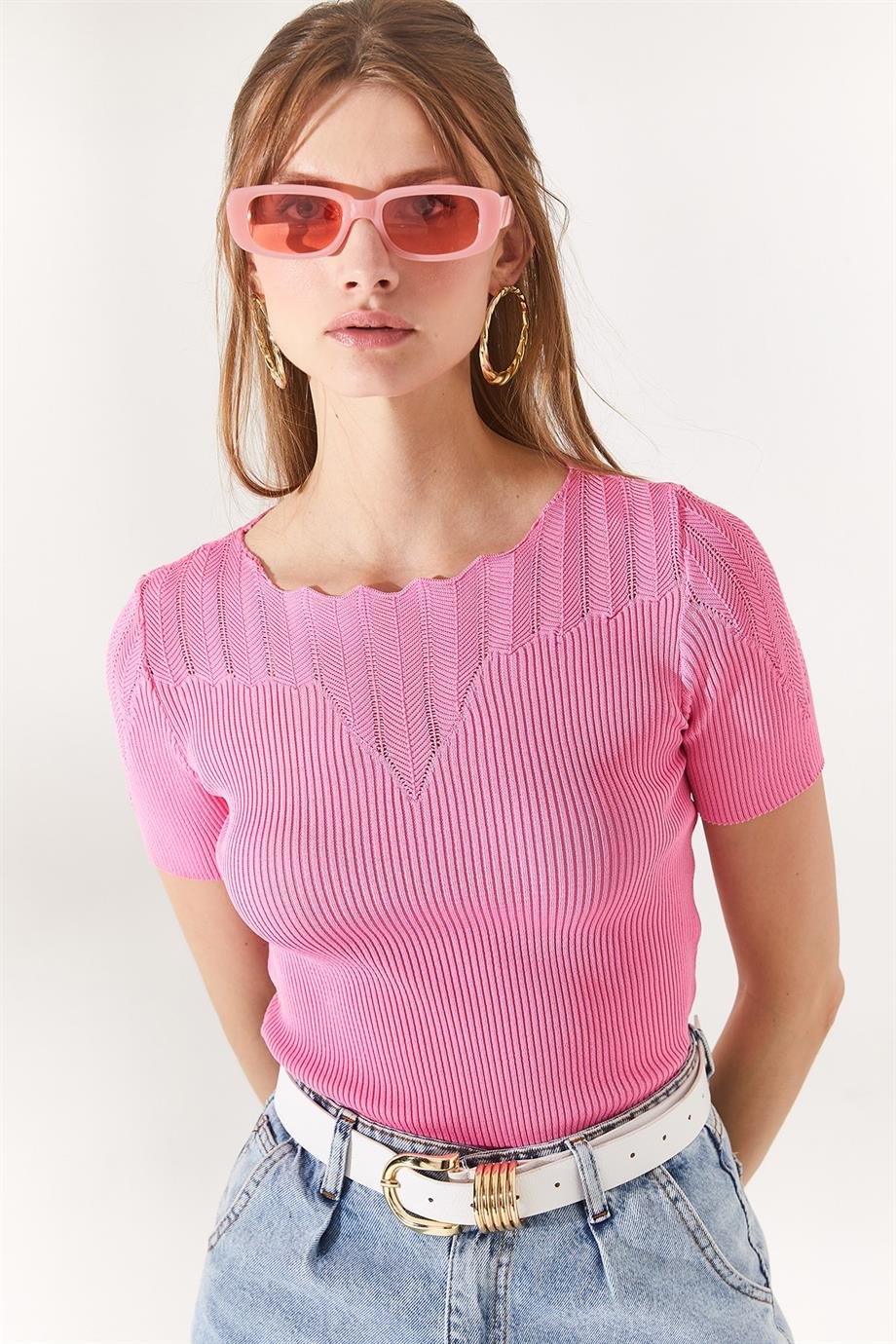 Yaka Ajurlu Triko Bluz Şeker Pembe