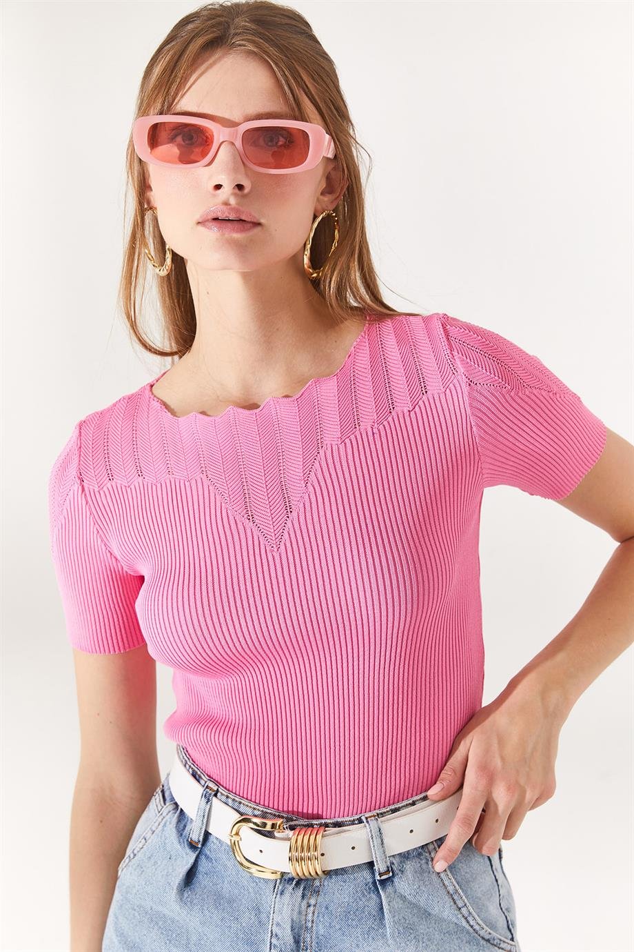 Yaka Ajurlu Triko Bluz Şeker Pembe