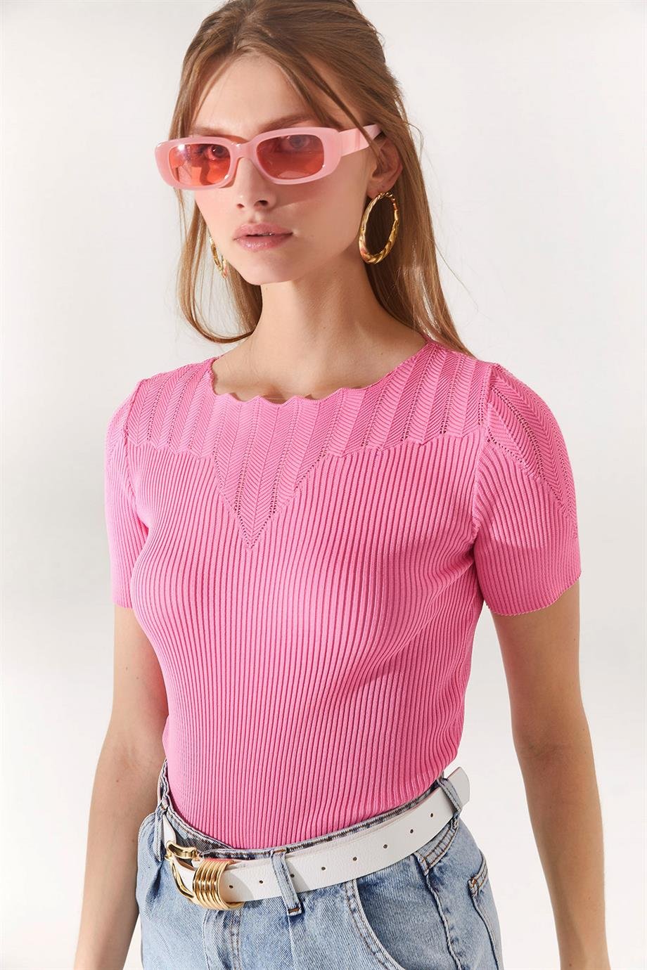 Yaka Ajurlu Triko Bluz Şeker Pembe